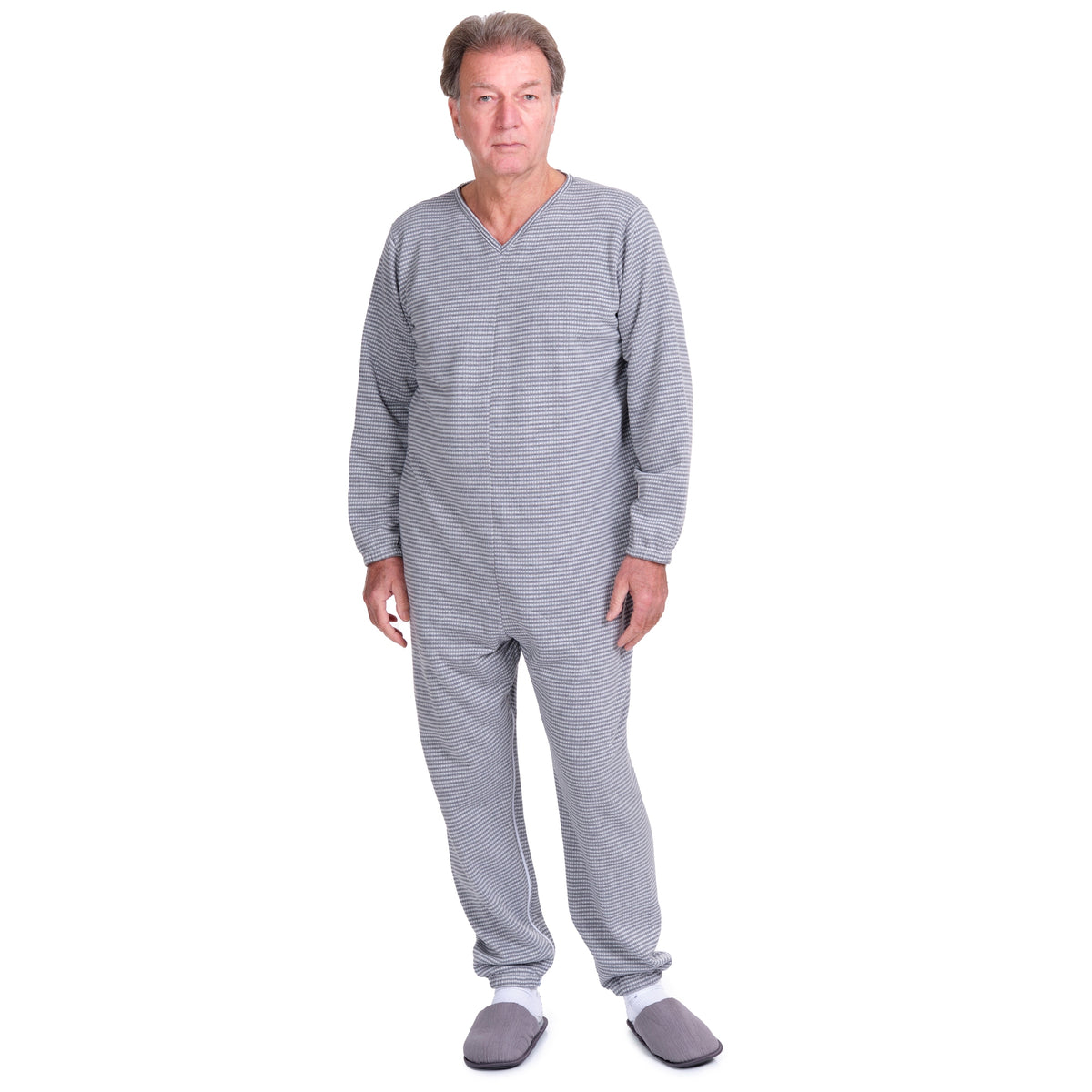 Ferrucci Comfort adaptive winter onesie with back and inseam zippers, featuring a cozy, insulated design for cold weather wear.