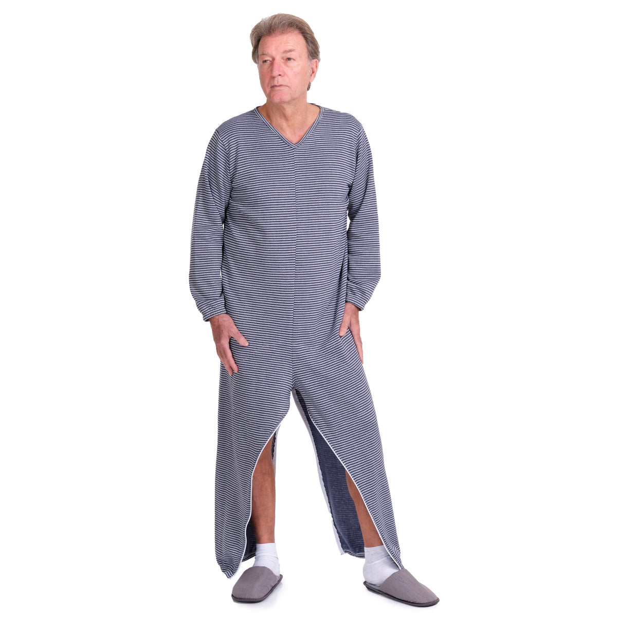 Ferrucci Comfort adaptive winter onesie with back and inseam zippers, cozy insulated design for cold weather warmth.