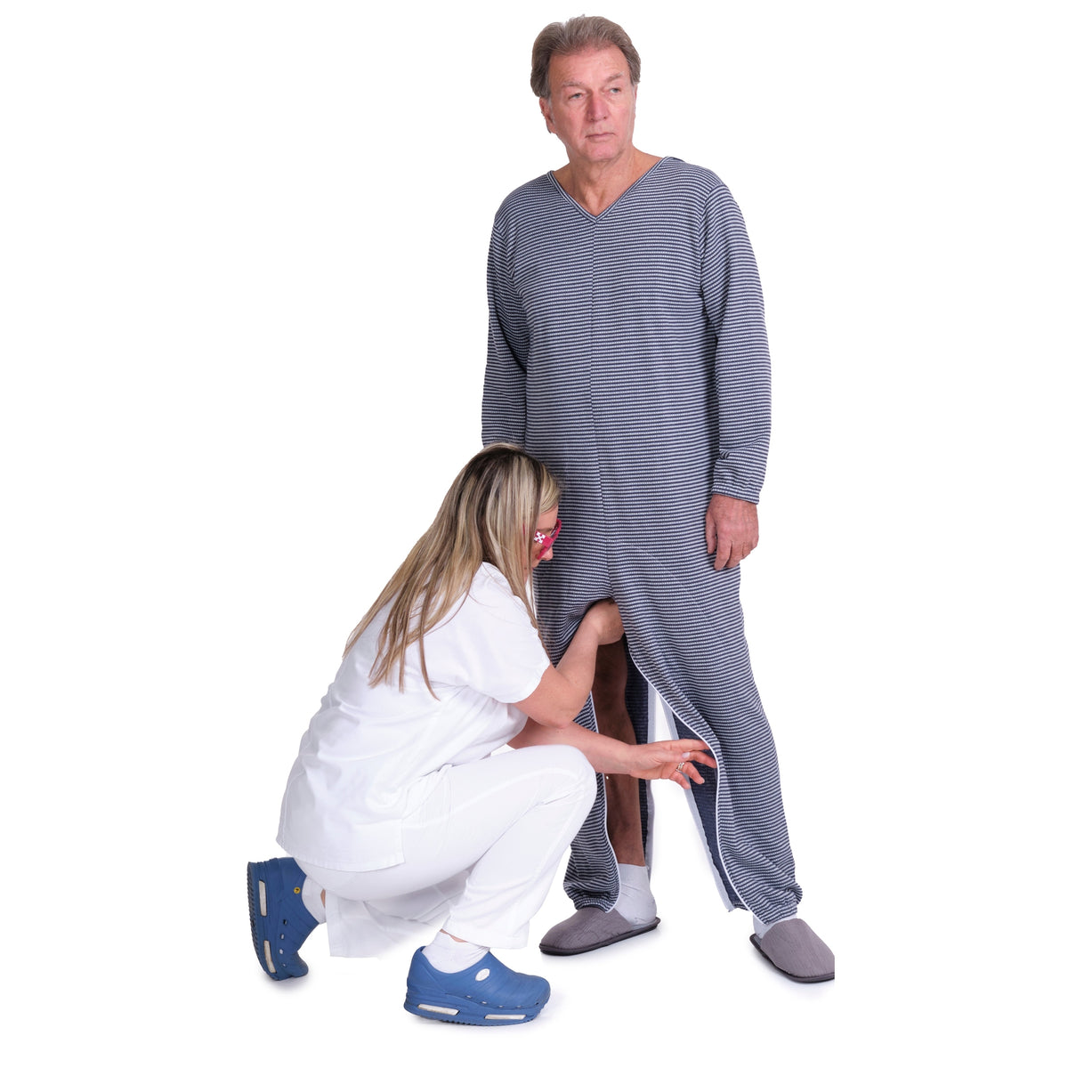 Ferrucci Comfort adaptive winter onesie with back and inseam zippers, cozy thermal fabric, and adjustable fit for cold weather.