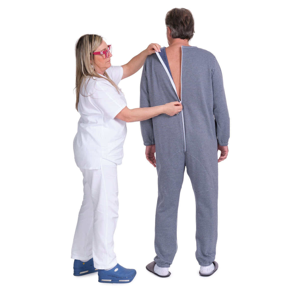 Ferrucci Comfort adaptive winter onesie with back and inseam zippers, featuring a cozy, insulated design for cold weather comfort.