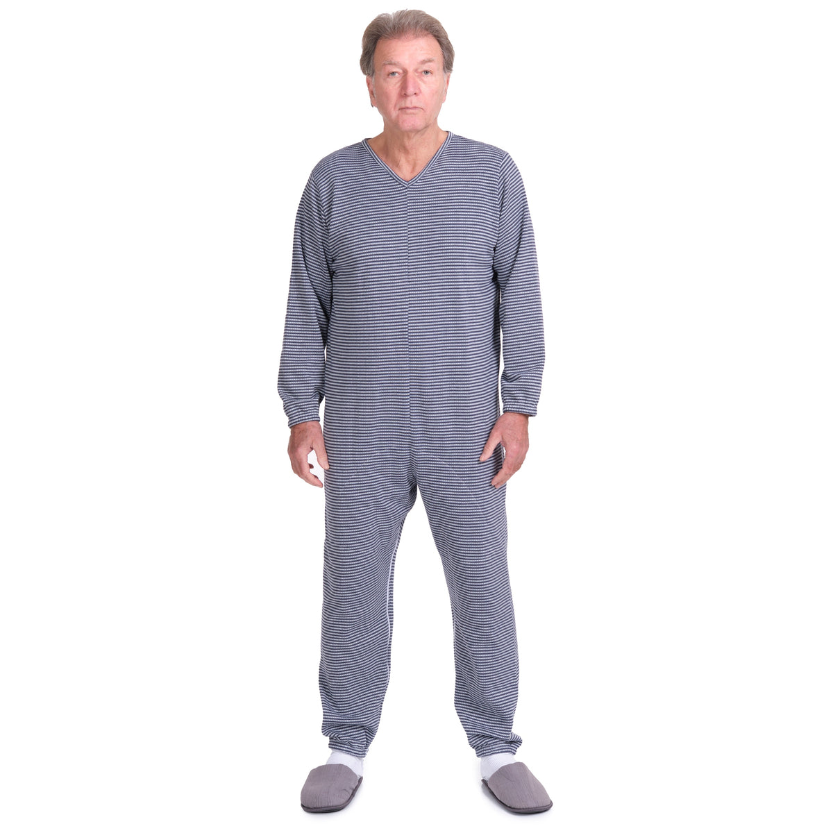 Ferrucci Comfort adaptive winter onesie with back and inseam zippers, cozy fleece material, and a snug fit for cold weather.