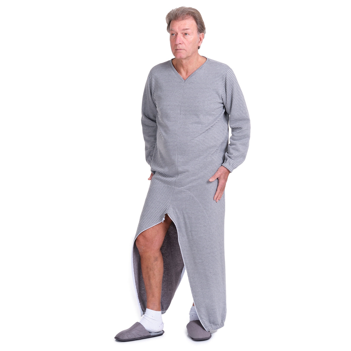 Ferrucci Comfort adaptive winter onesie with back and inseam zippers, cozy for cold weather, in a soft, insulated fabric.