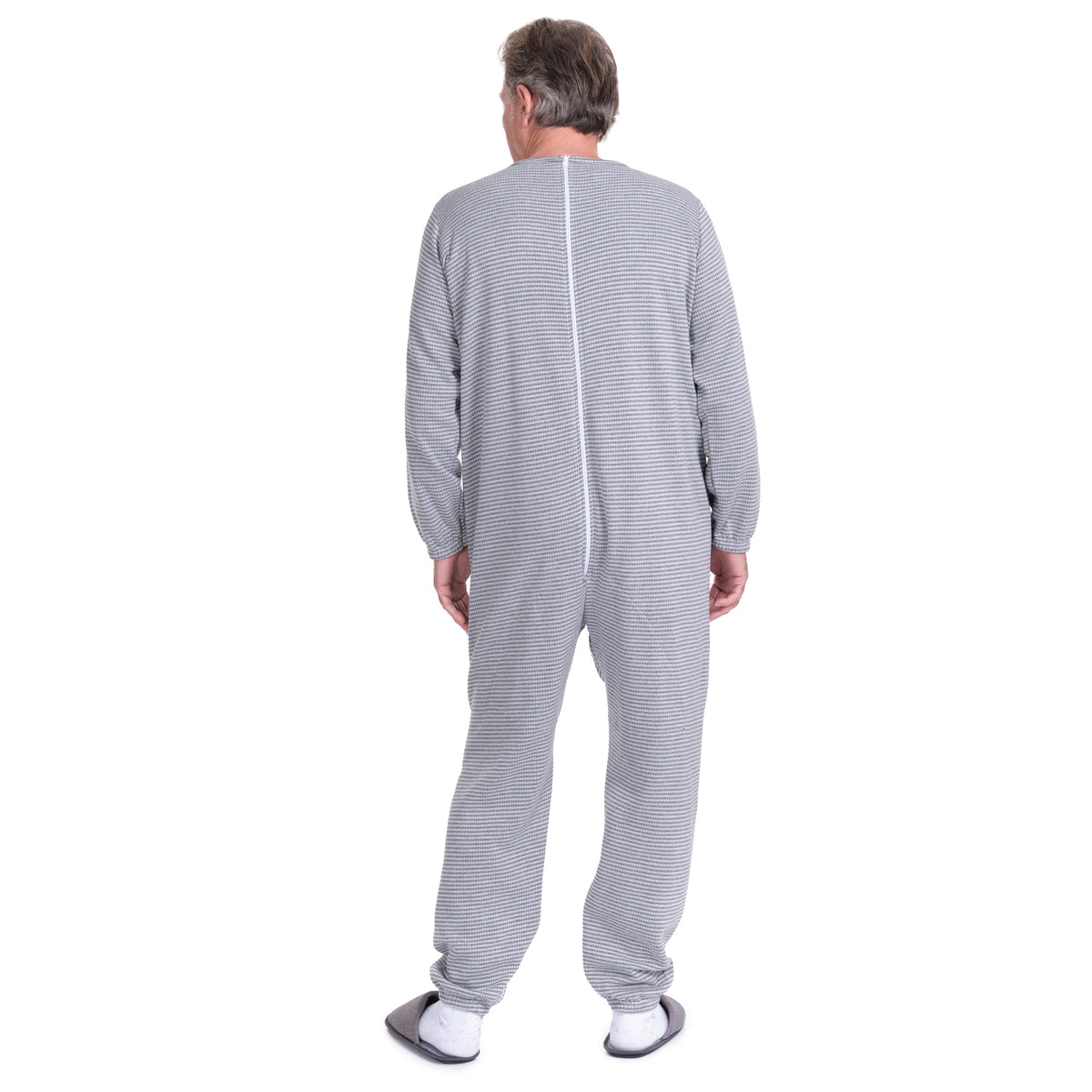 Ferrucci Comfort adaptive winter onesie with back and inseam zippers, warm insulated suit for cold weather.
