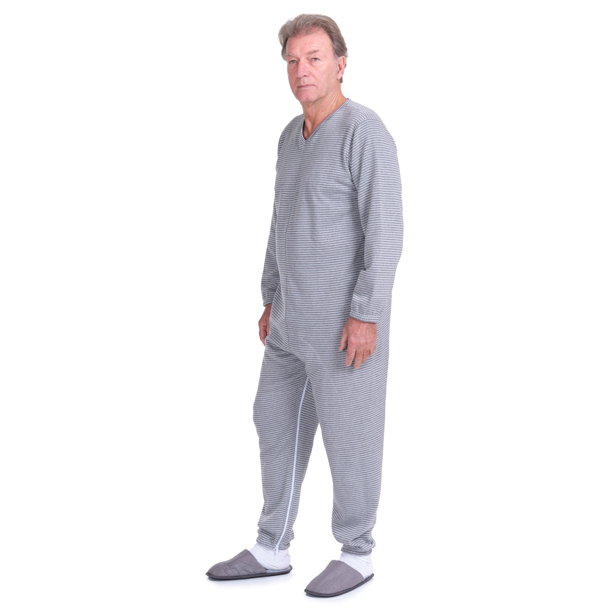 Ferrucci Comfort adaptive winter onesie with back and inseam zippers, warm and cozy for cold weather.
