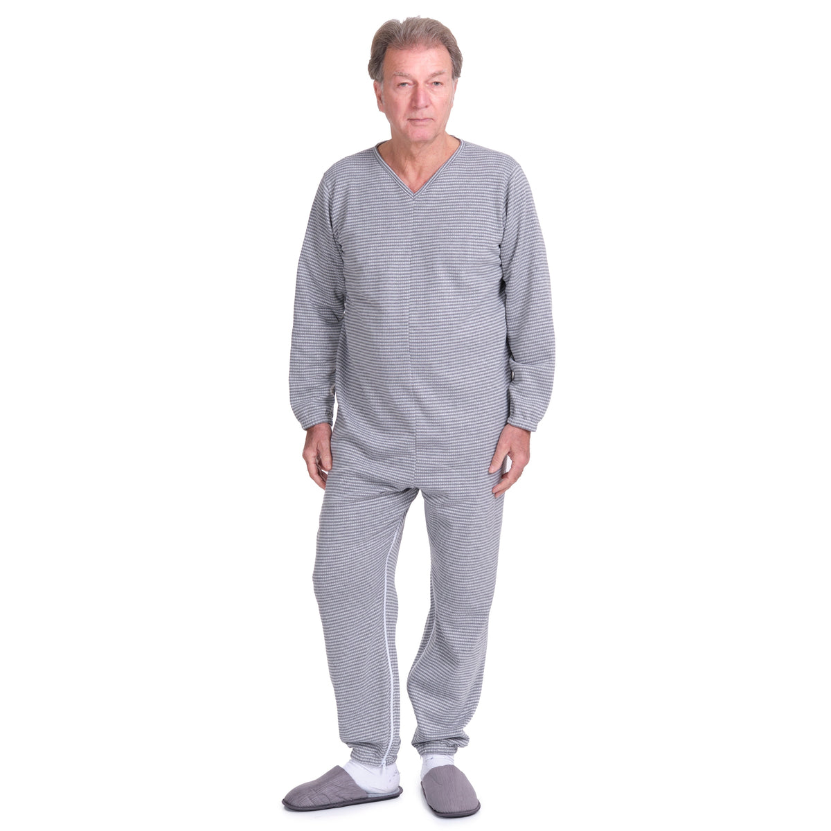 Ferrucci Comfort adaptive winter onesie with back and inseam zippers, cozy and warm for cold weather.
