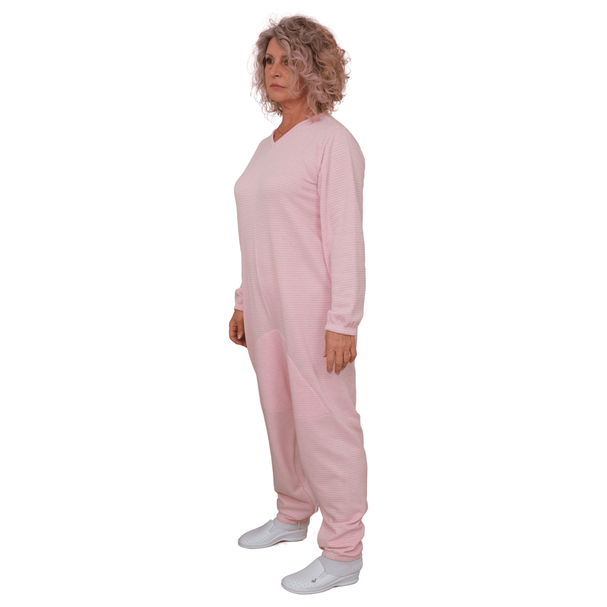 Ferrucci Comfort adaptive winter onesie with back and inseam zippers, cozy and warm for cold weather.