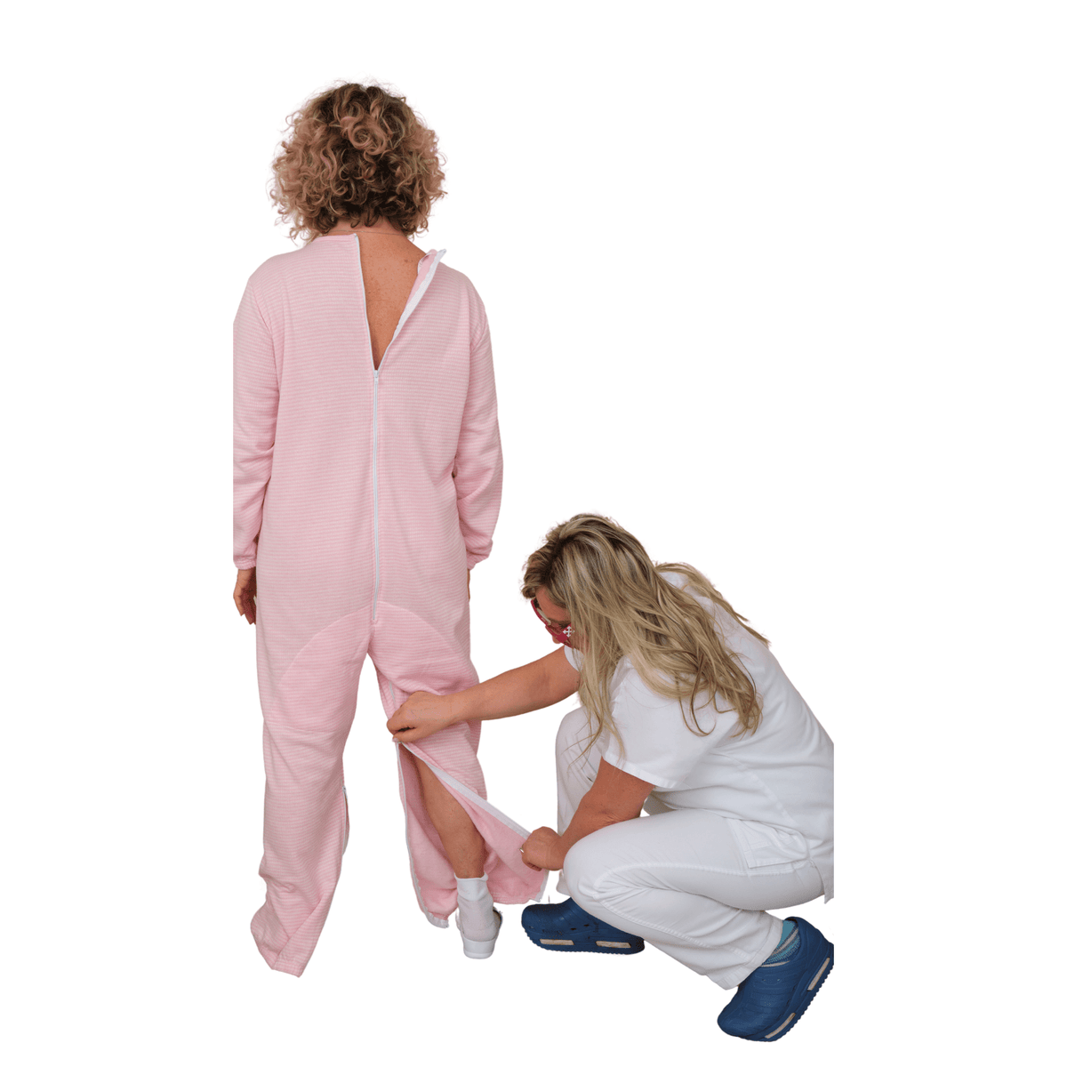 Ferrucci Comfort adaptive winter onesie with back and inseam zippers, cozy insulated design for cold weather wear.