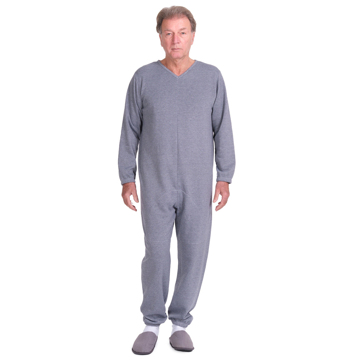 Pink long-sleeved winter pajamas by Ferrucci Comfort with back closure, designed for adaptive, anti-strip comfort.