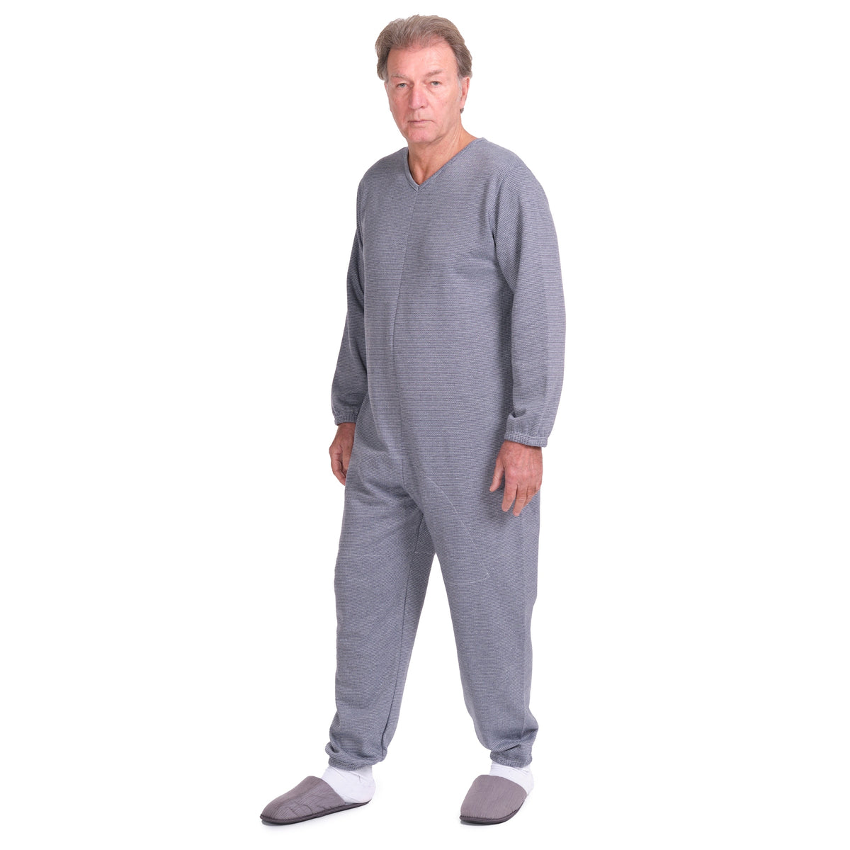 Pink long-sleeved winter pajamas with back closure, Ferrucci Comfort adaptive clothing, designed for comfort and safety.
