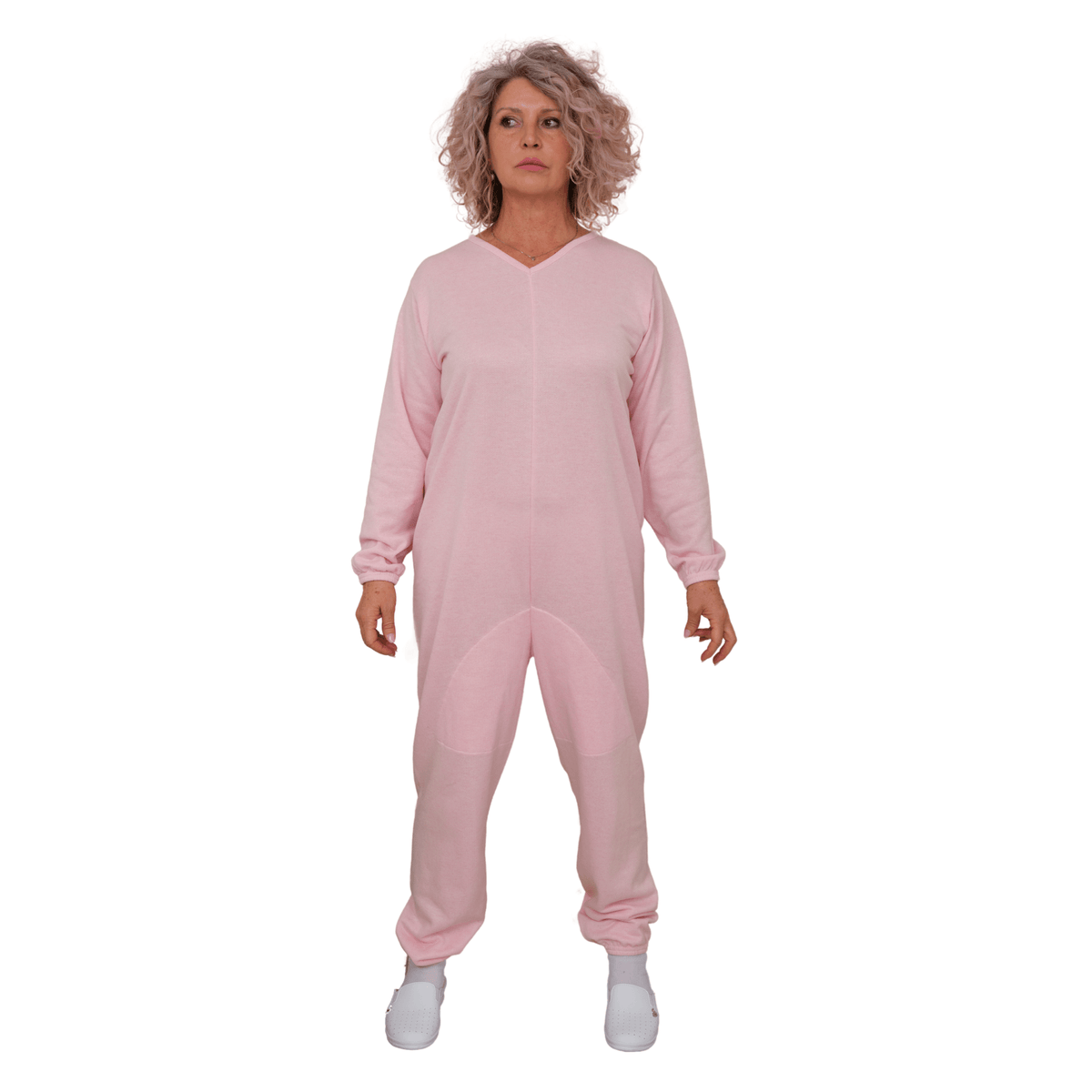 Pink long-sleeved winter pajamas by Ferrucci Comfort with back closure, designed for adaptive clothing and anti-strip safety features.
