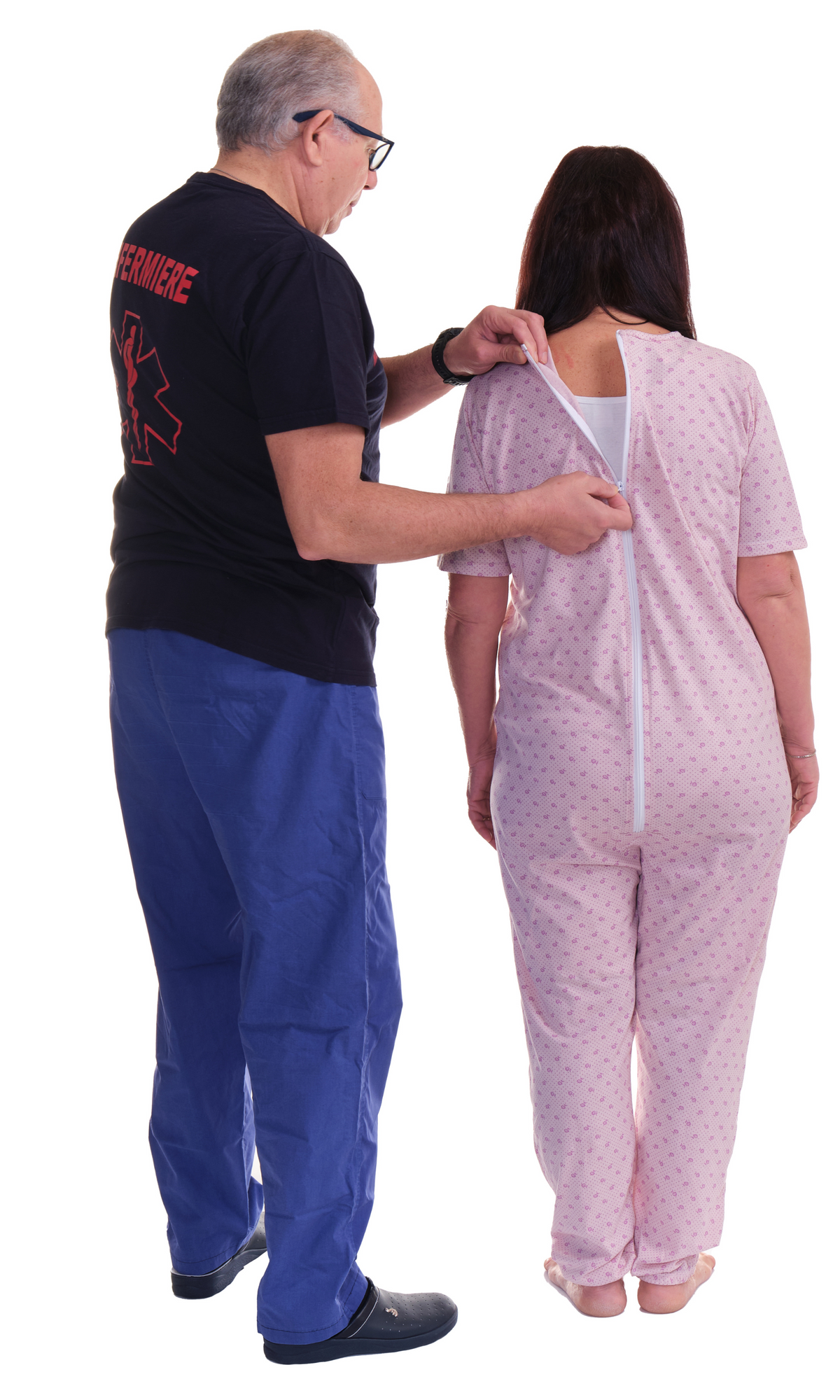 Pink Ferrucci Comfort sanitary pyjamas onesie jumpsuit with long sleeves, long trousers, cotton-polyester blend, back closure.