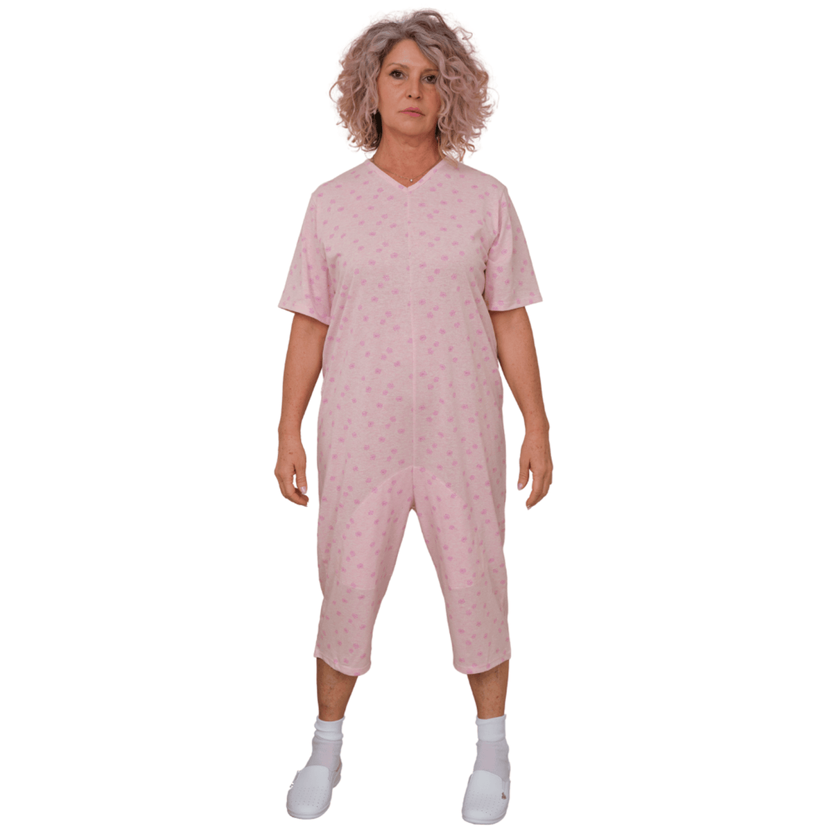 Pink short-sleeved pyjamas and shorts set by Ferrucci Comfort with back zip fastener, made of cotton-polyester blend.