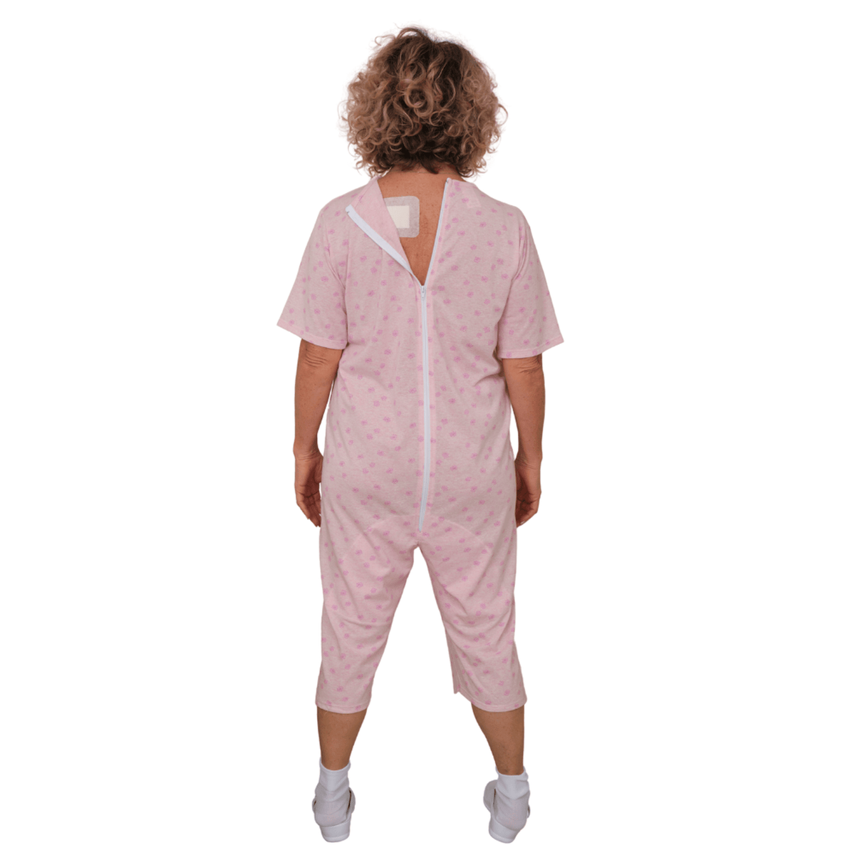 Pink short-sleeved pyjamas and shorts set by Ferrucci Comfort, cotton/polyester blend with single back zip fastening.
