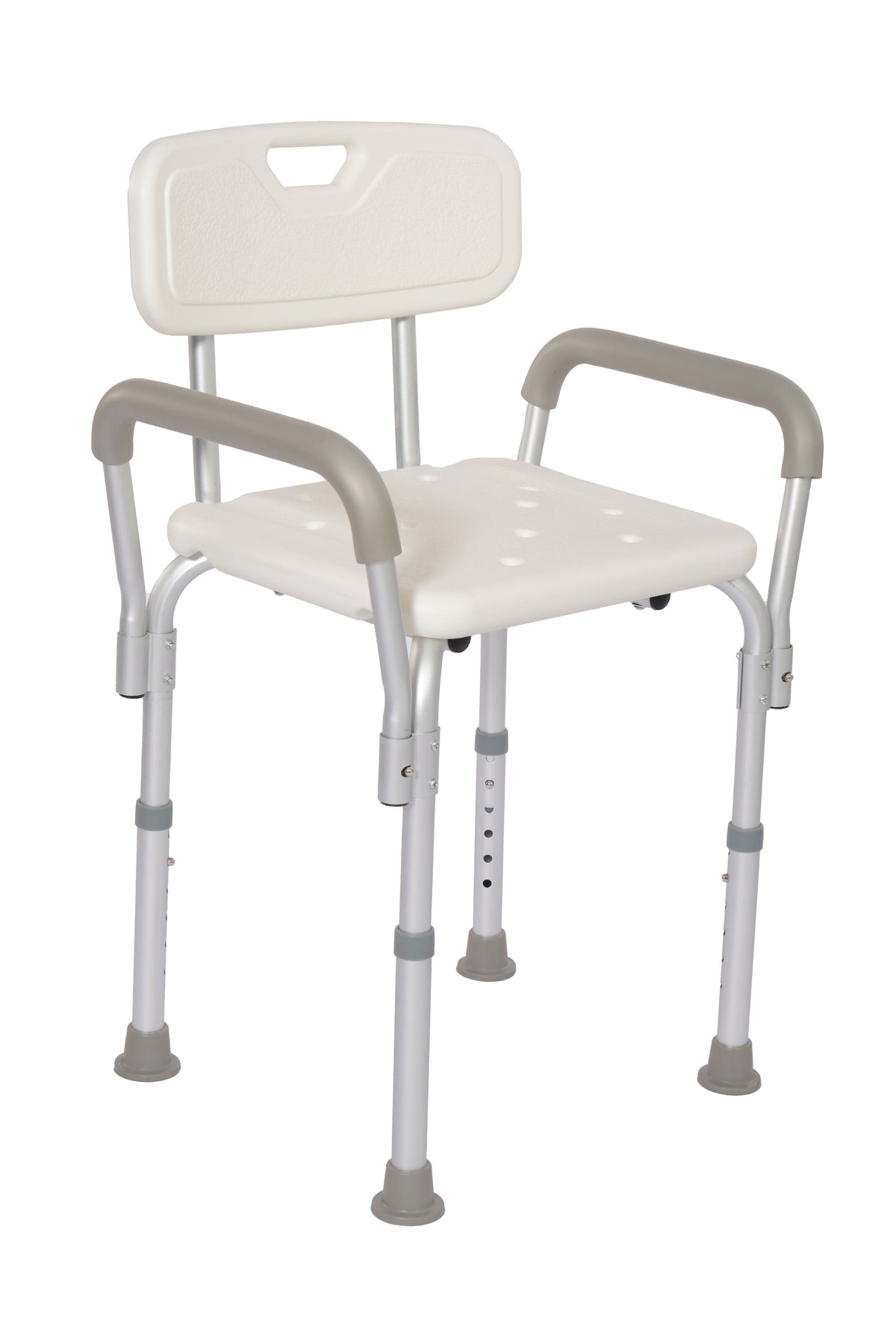 Ferrucci Comfort adjustable shower chair with removable backrest and armrests, featuring non-slip surface for safety.