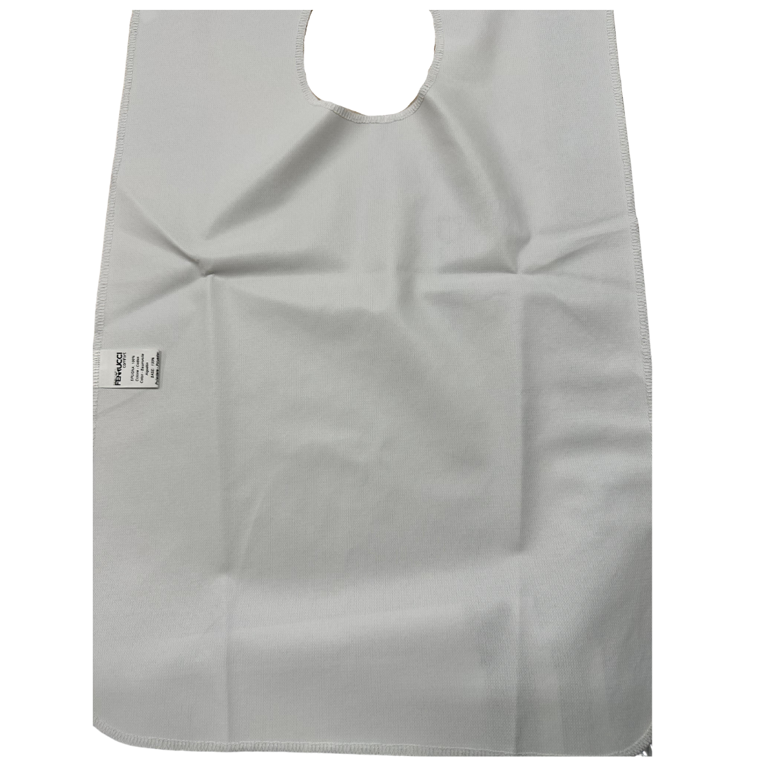 Adult Bib by Ferrucci Comfort with cotton terry front, waterproof polyurethane backing, and Velcro closure for easy wear.