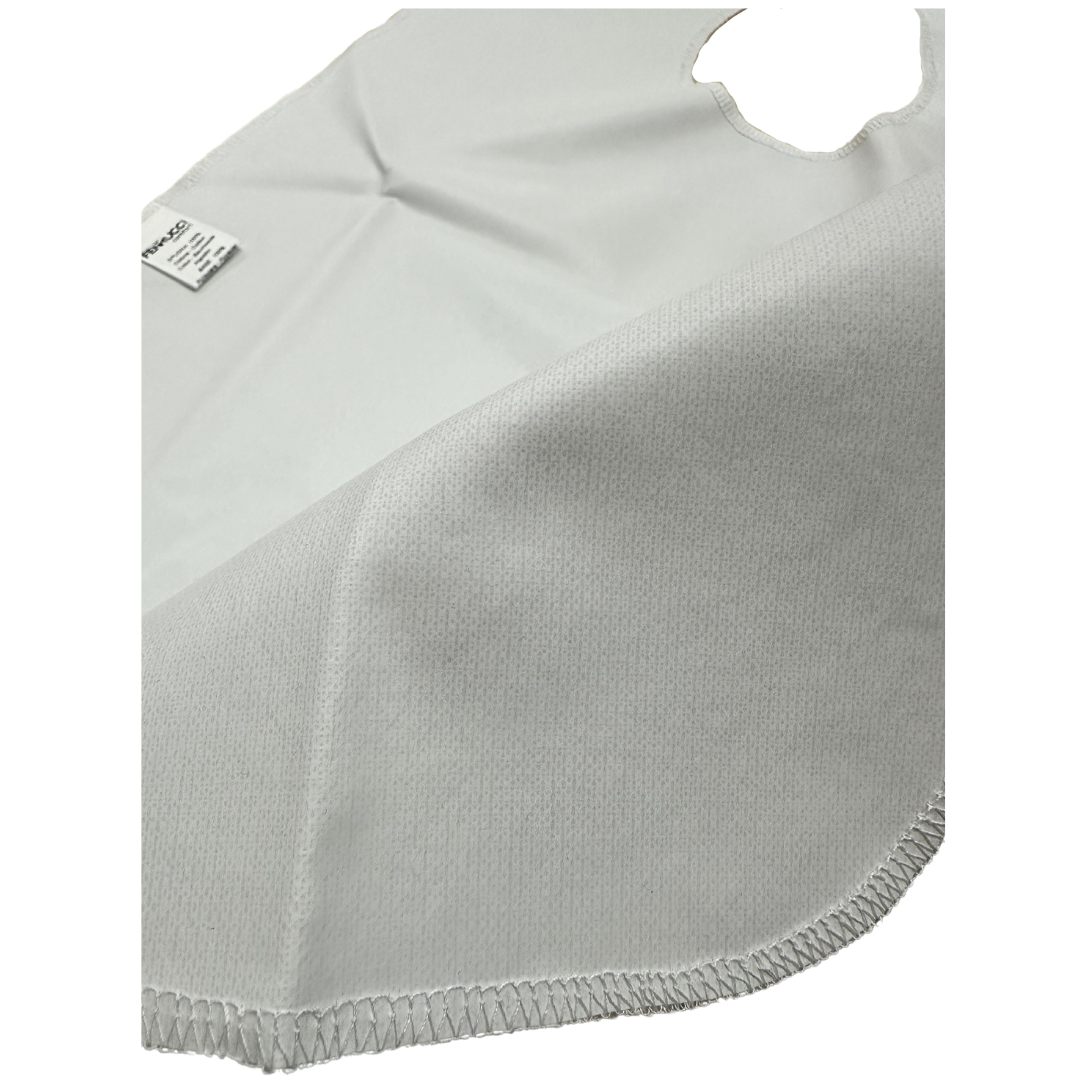 Adult Ferrucci Comfort bib with cotton terry front, waterproof polyurethane back, and Velcro closure for easy wear.