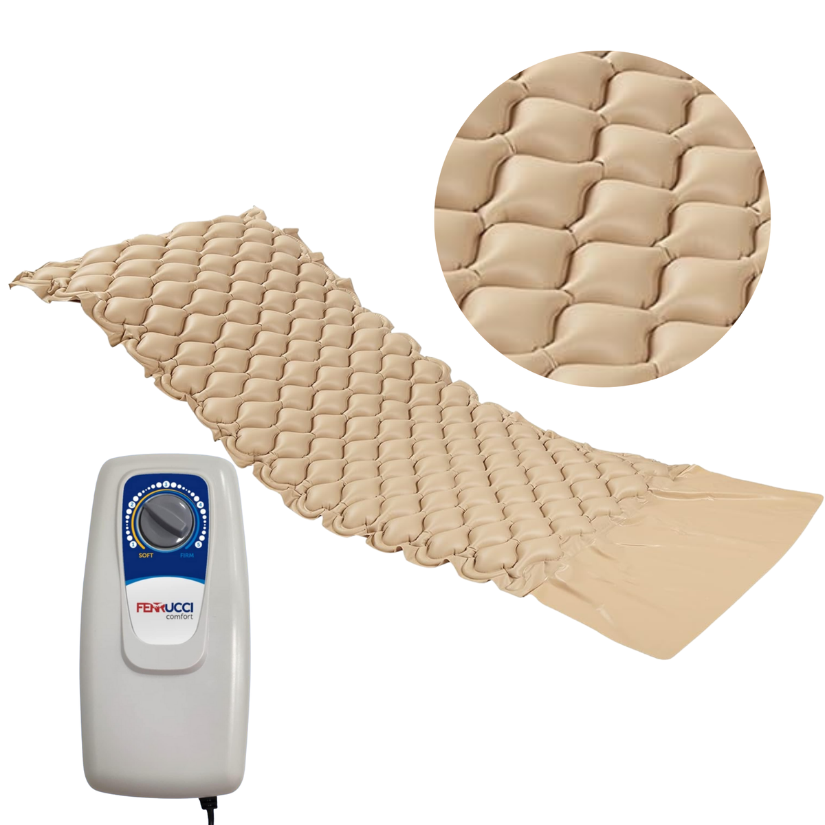 Ferrucci Comfort anti-bedsore airflow mattress with alternating cycle compressor, Class I medical device, designed for pressure relief.