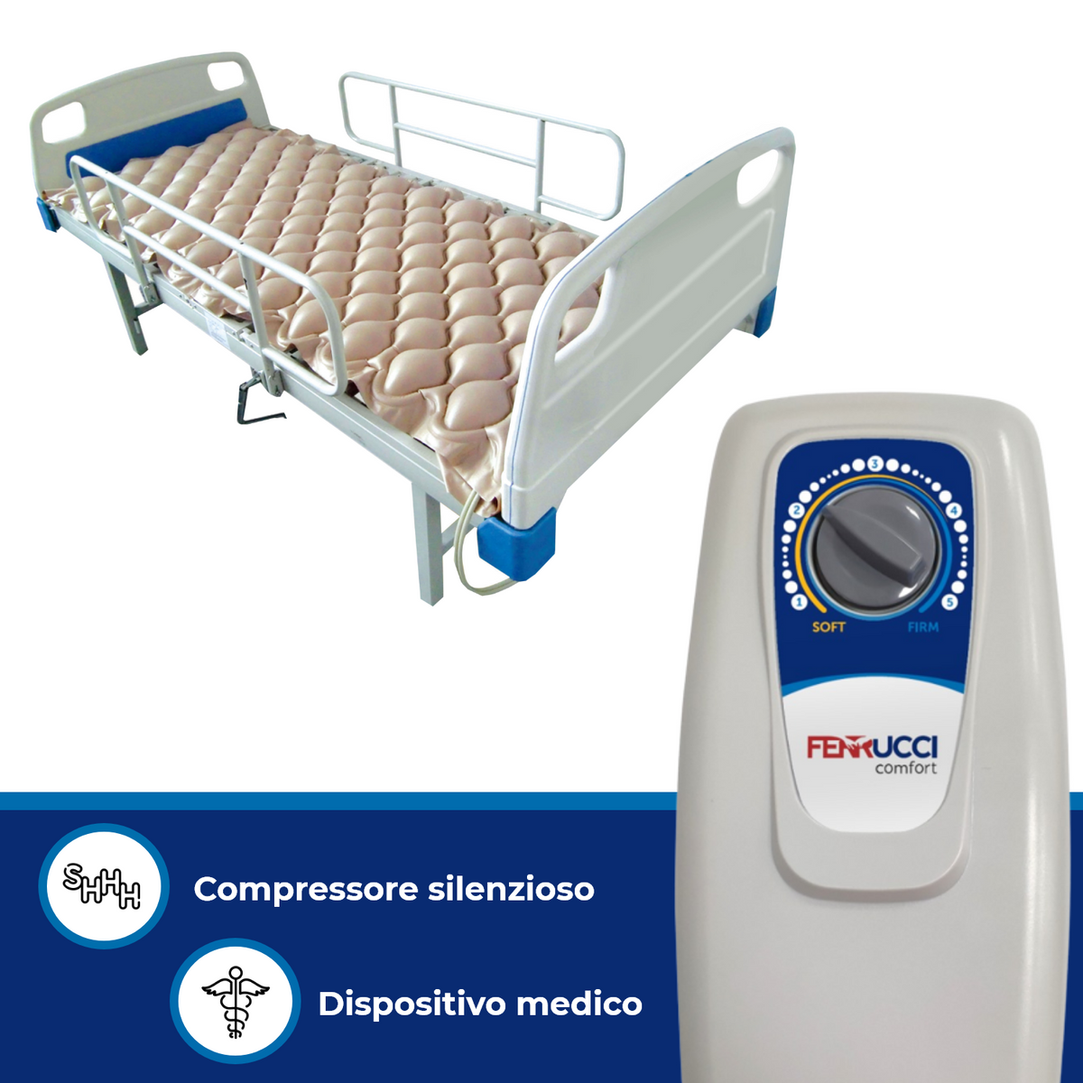 Ferrucci Comfort anti-bedsore airflow mattress with alternating cycle compressor, Class I medical device, designed for pressure relief.