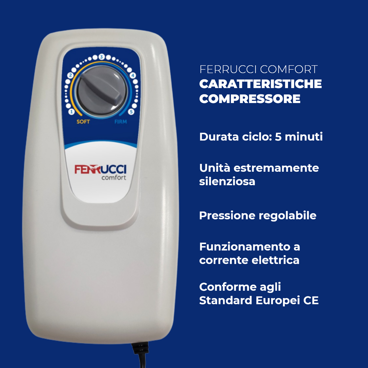 Ferrucci Comfort anti-bedsore airflow mattress with alternating cycle compressor, Class I medical device for pressure relief and comfort.
