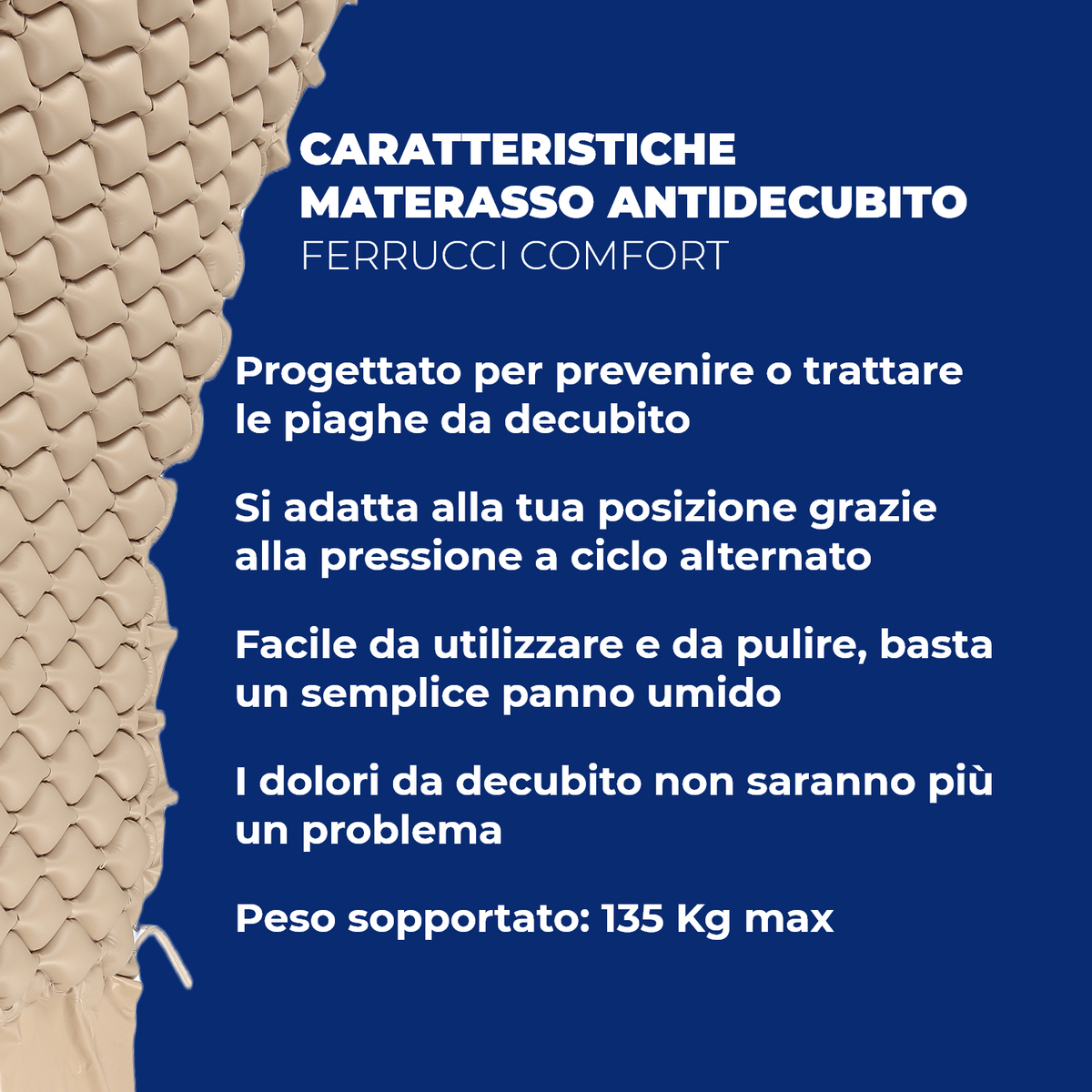 Ferrucci Comfort anti-bedsore airflow mattress with alternating cycle compressor, Class I medical device for pressure relief.