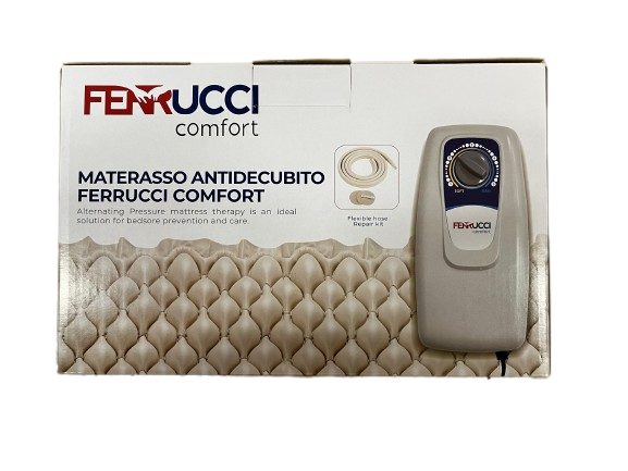 Ferrucci Comfort anti-bedsore airflow mattress with alternating cycle compressor, Class I medical device, designed for pressure relief.