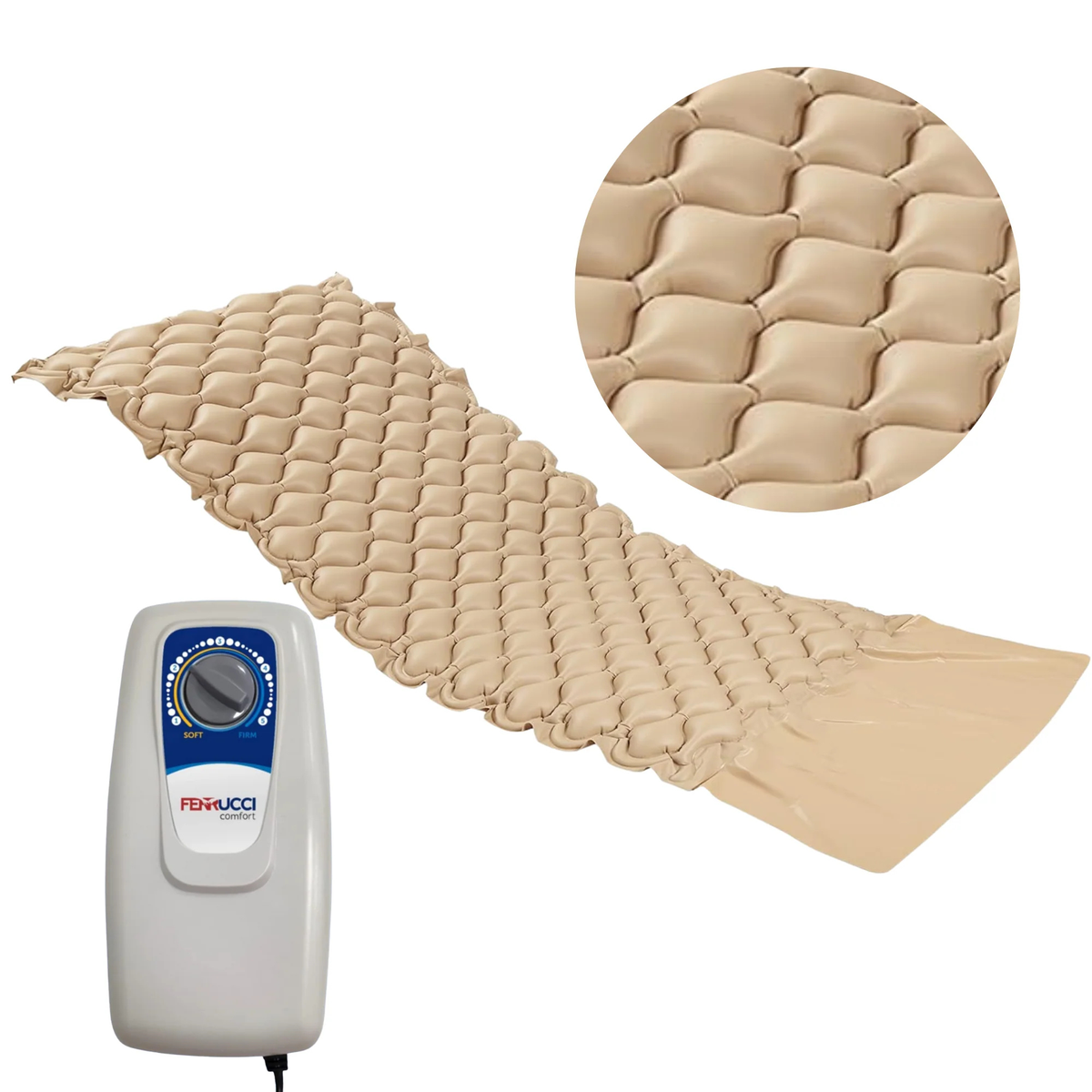 Ferrucci Comfort anti-bedsore airflow mattress with alternating cycle compressor, Class I medical device for pressure relief.
