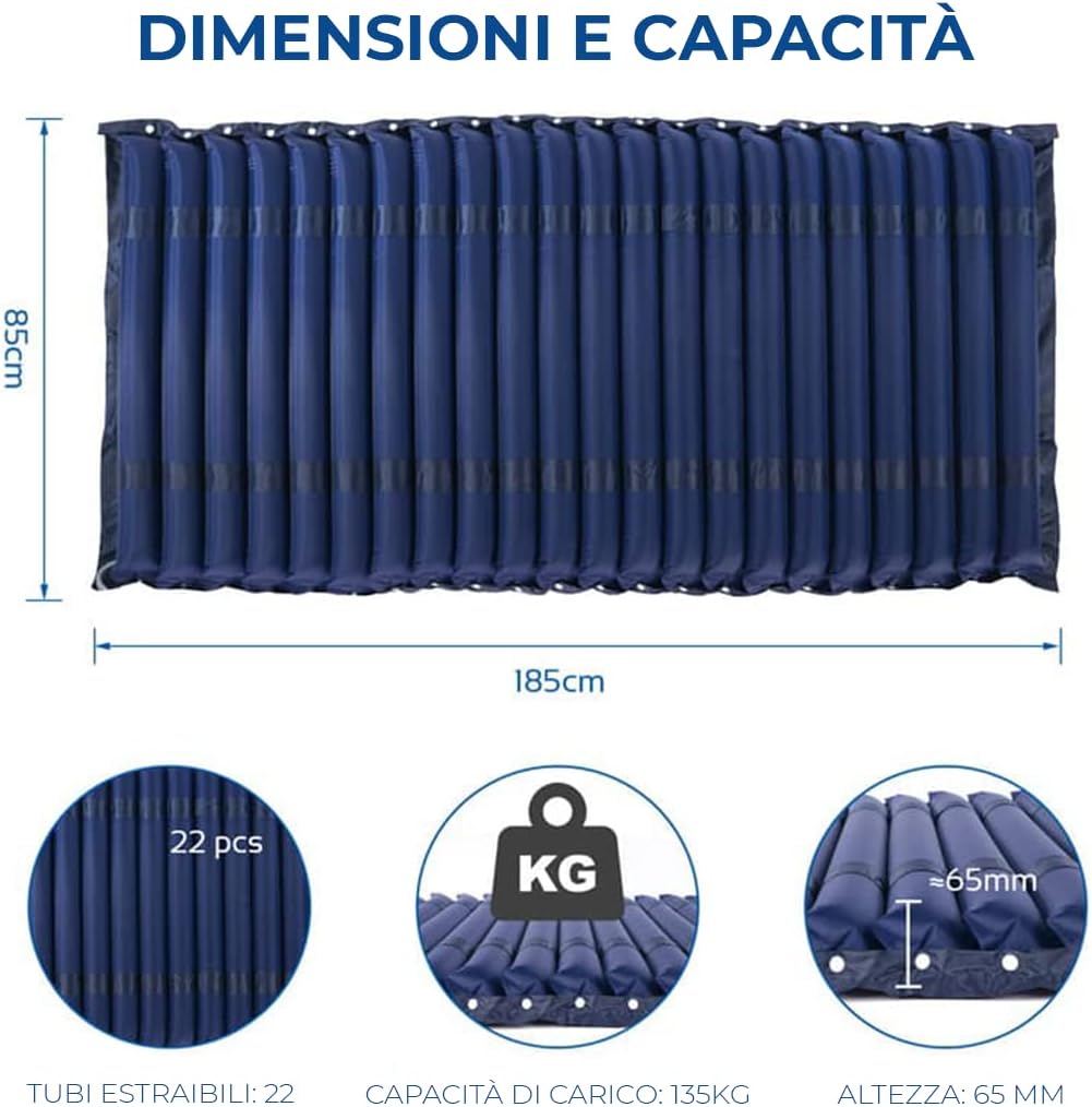 Ferrucci Comfort anti-decubitus air mattress with interchangeable cells and adjustable compressor, supports up to 140 kg.