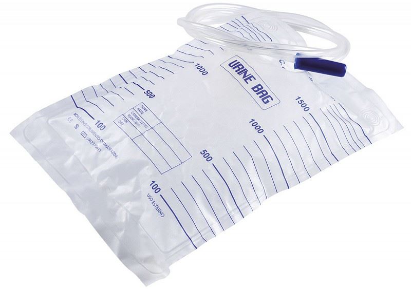 Ferrucci Comfort bedside urine bag, 2L capacity, no drainage tap, pack of 30, clear plastic bag with measurement markings.