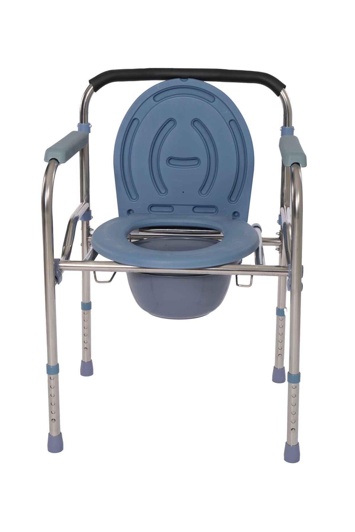 Ferrucci Comfort 4-in-1 commode chair with folding aluminum frame and adjustable height, shown with seat and support features.