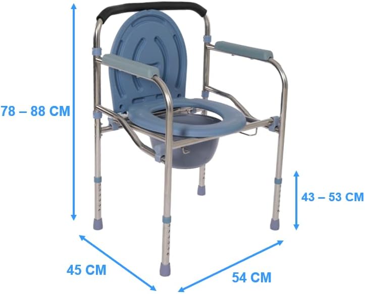 Ferrucci Comfort 4-in-1 commode chair with folding aluminum frame and adjustable height, featuring a padded seat and support handles.