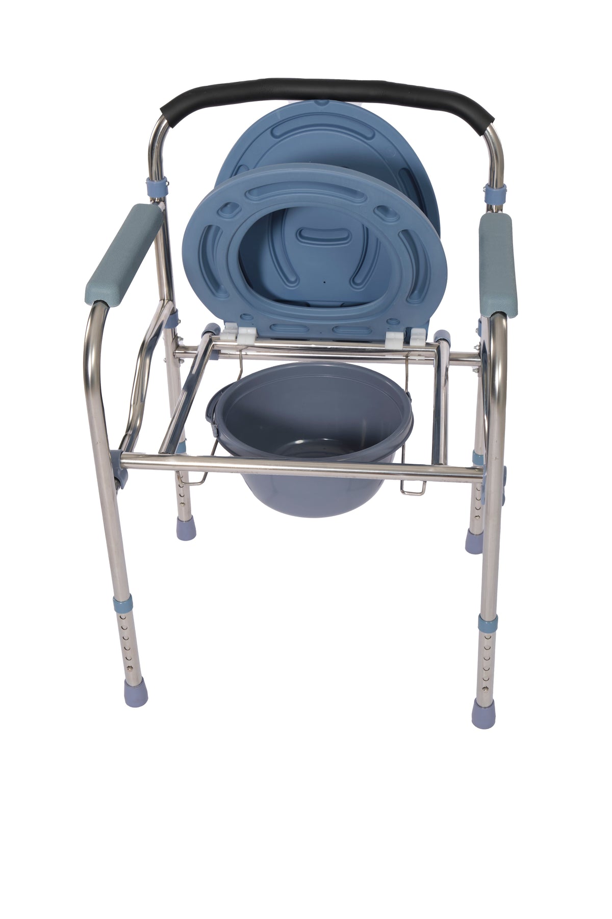 Ferrucci Comfort 4-in-1 commode chair with folding aluminum frame and adjustable height for versatile bathroom support.