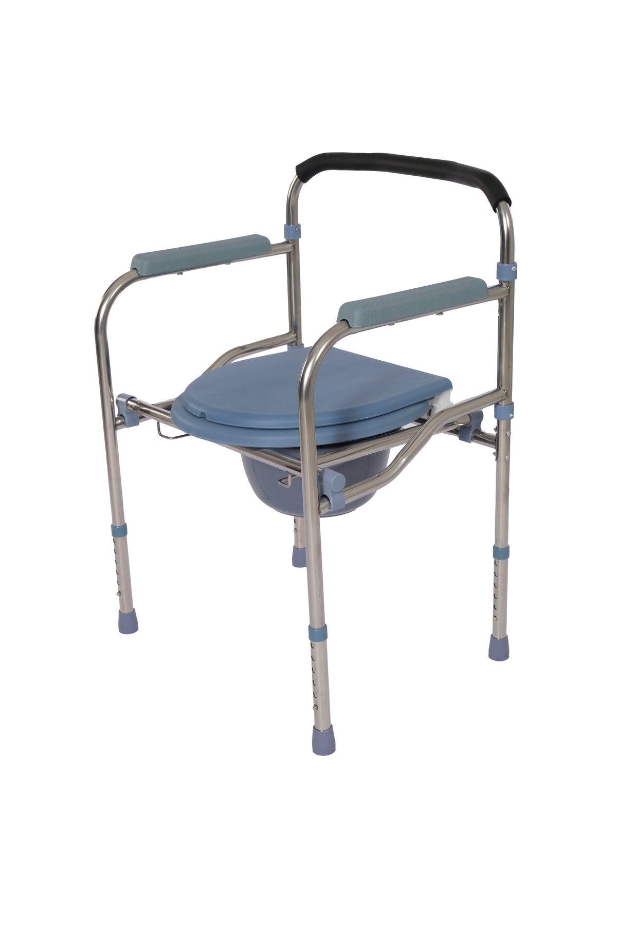 Ferrucci Comfort 4-in-1 commode chair with folding aluminum frame and adjustable height, suitable for versatile bathroom use.