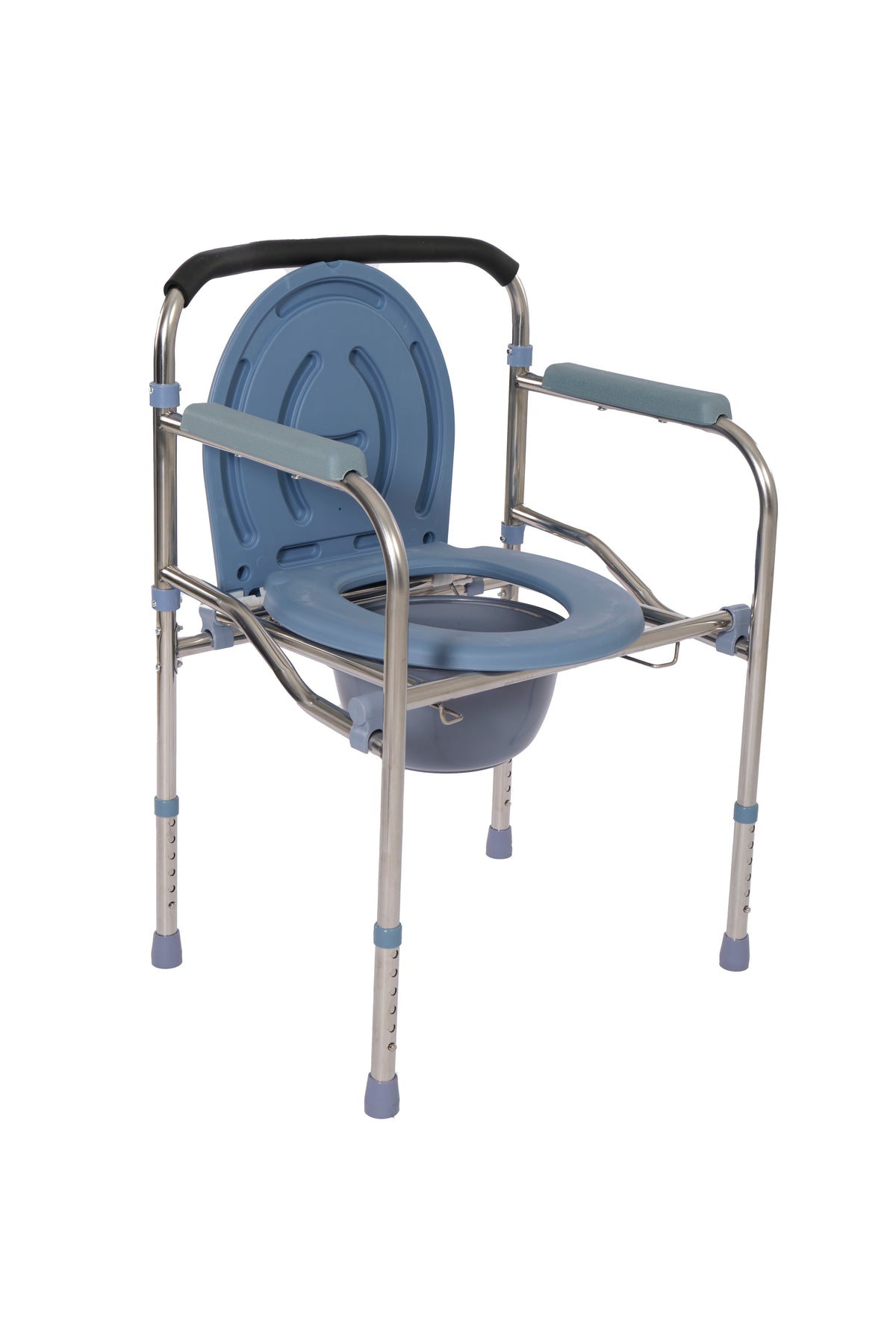 Ferrucci Comfort 4-in-1 Commode Chair with folding aluminum frame and adjustable height, featuring a padded seat and safety armrests.