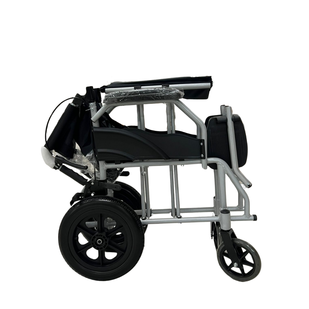 Ferrucci Comfort compact transit wheelchair with narrow frame, 45cm seat, lightweight design for indoor and tight space use.