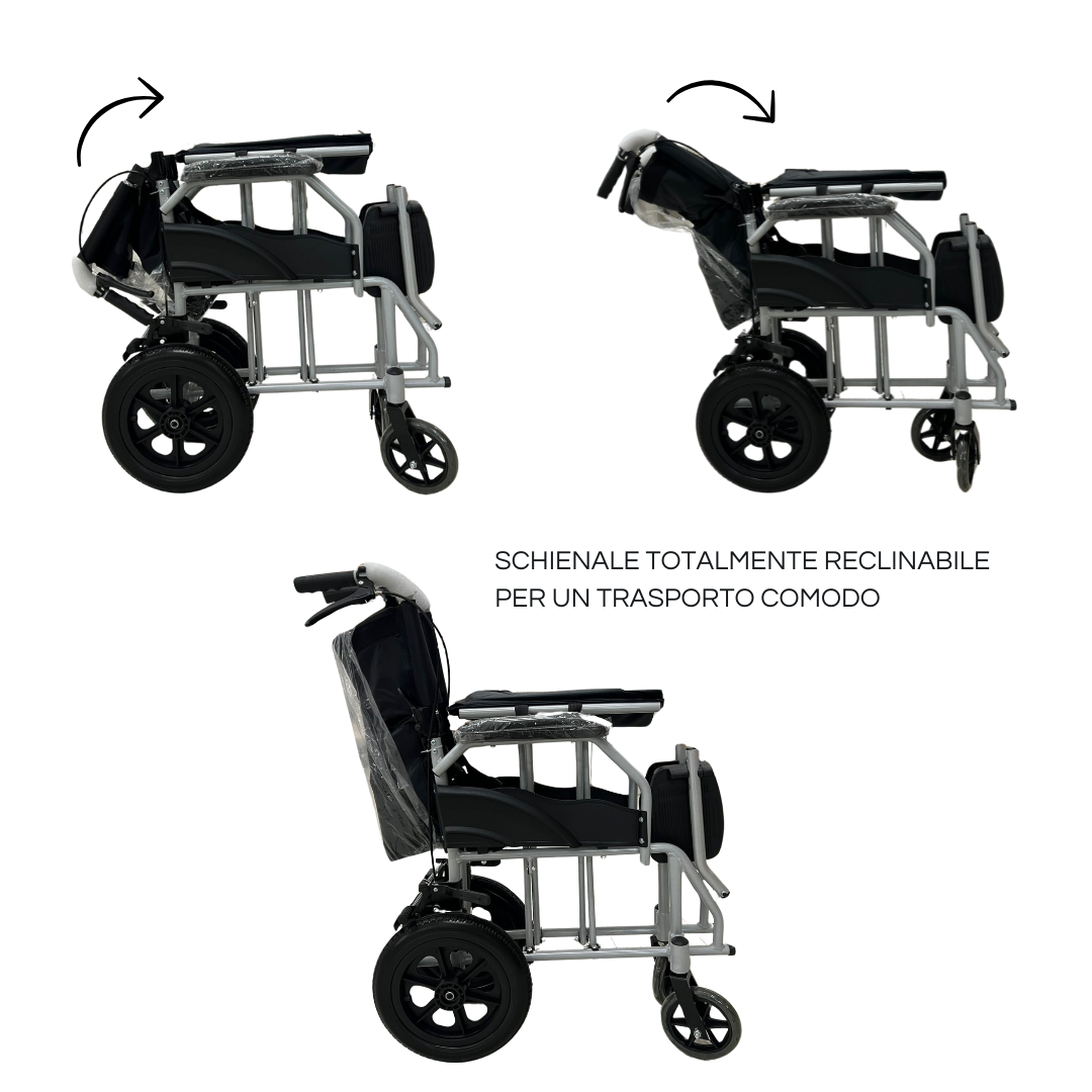 Ferrucci Comfort compact transit wheelchair with narrow design, 45cm seat, lightweight 12.5kg, suitable for indoor and tight spaces.