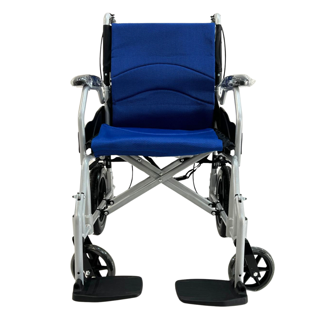 Ferrucci Comfort Compact Transit Wheelchair with narrow design, 45cm seat, lightweight frame, suitable for indoor and tight spaces.