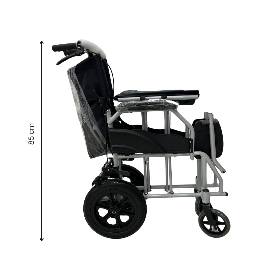 Ferrucci Comfort compact transit wheelchair with narrow design, 45cm seat width, lightweight frame, suitable for indoor and tight spaces.