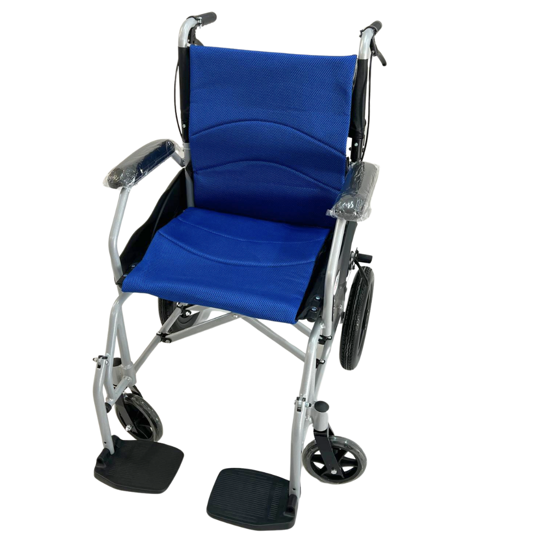 Ferrucci Comfort compact transit wheelchair with narrow design, 45cm seat width, lightweight frame for indoor and tight space use.