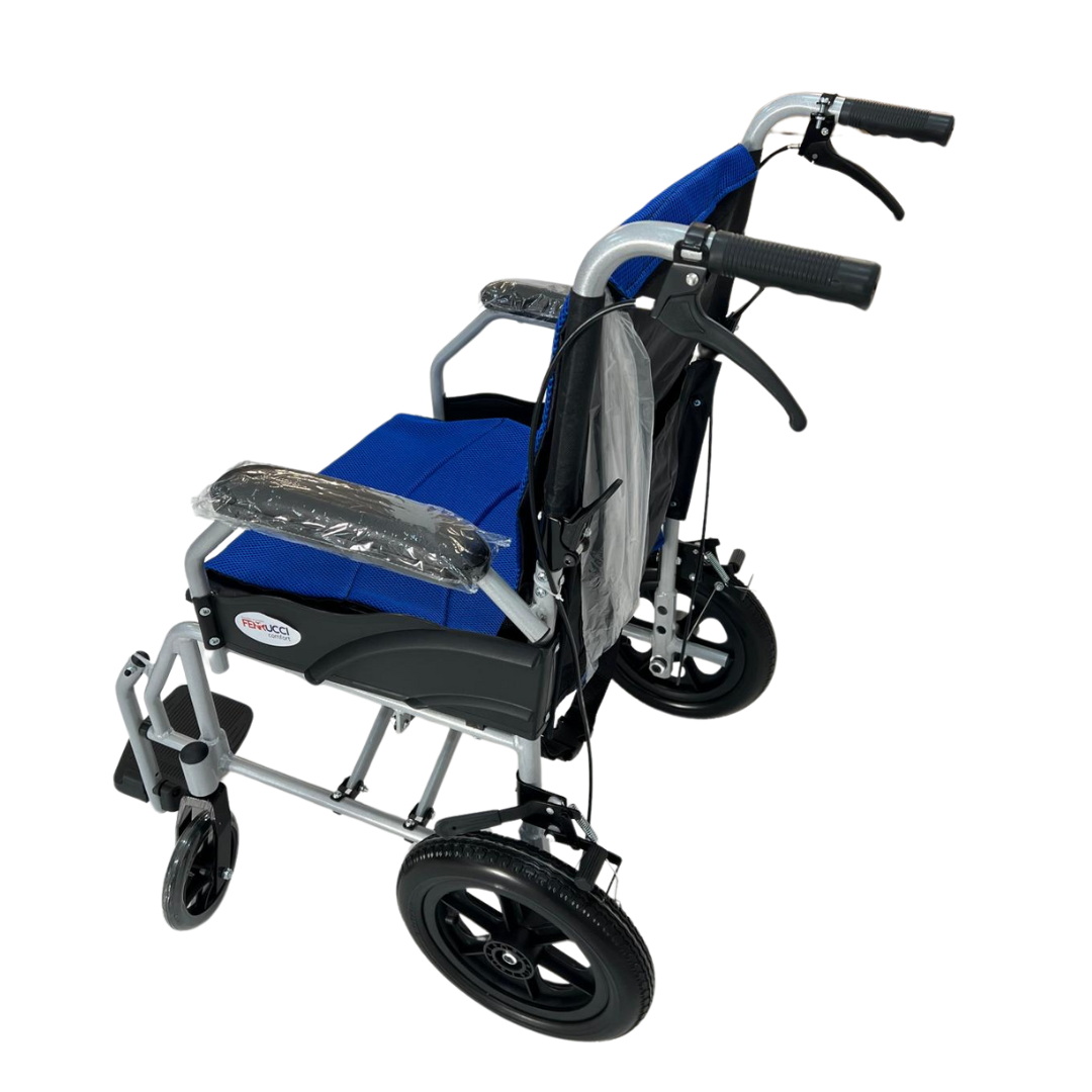 Ferrucci Comfort compact transit wheelchair with narrow design, 45cm seat, lightweight frame, suitable for indoor and tight spaces.