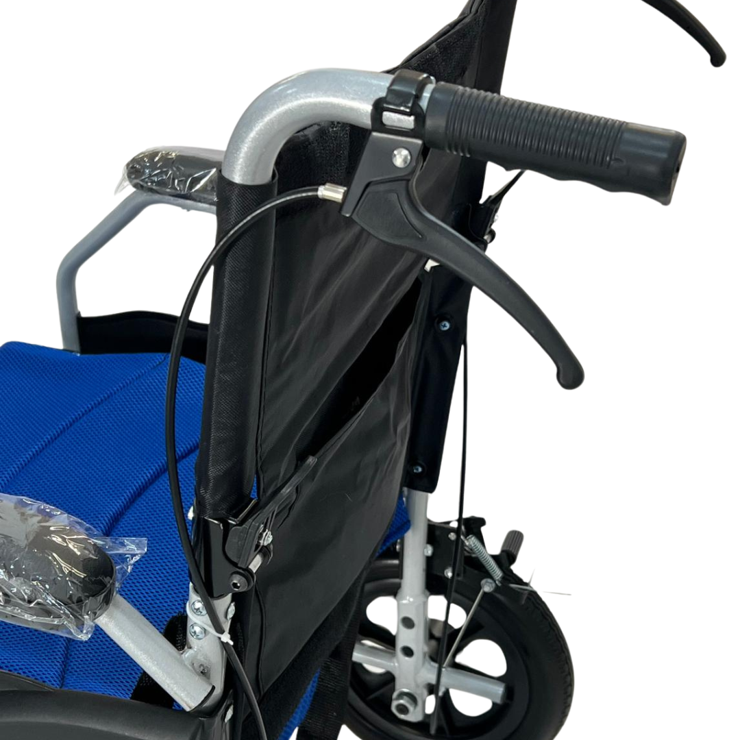 Compact Ferrucci Comfort transit wheelchair with narrow design, 45cm seat, lightweight frame, suitable for indoor and tight spaces.