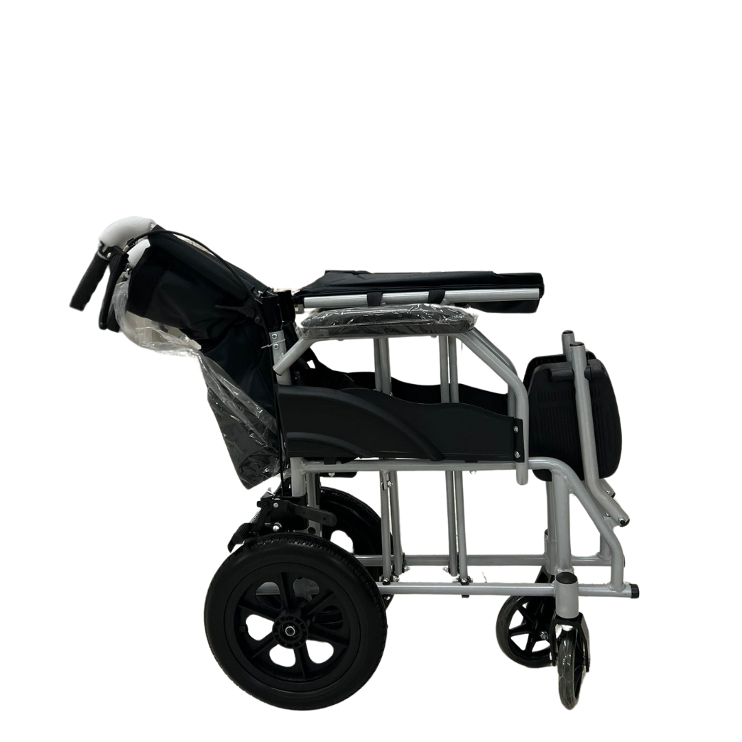 Ferrucci Comfort compact transit wheelchair with narrow design, 45cm seat width, lightweight frame, suitable for indoor and tight spaces.