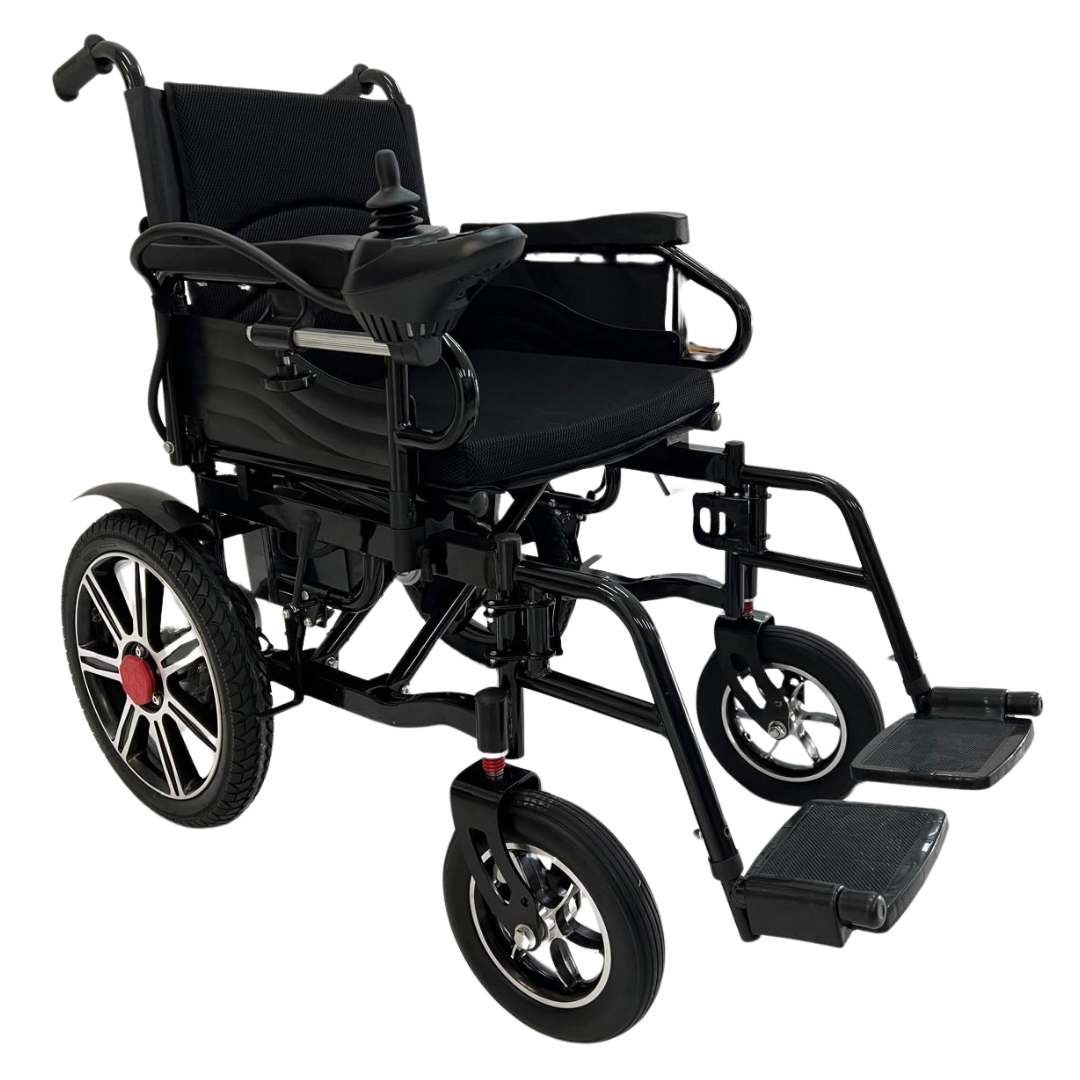 Foldable Ferrucci Comfort electric wheelchair with ergonomic design, joystick control, and 20km range for heavy-duty mobility.