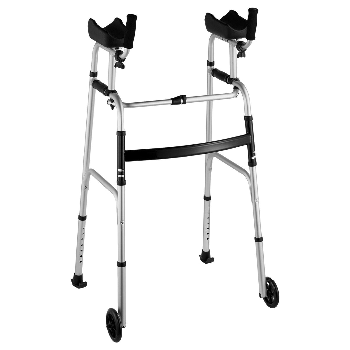 Ferrucci Comfort foldable forearm walker with adjustable aluminum frame, arm supports, and 8 height settings for stability and mobility.