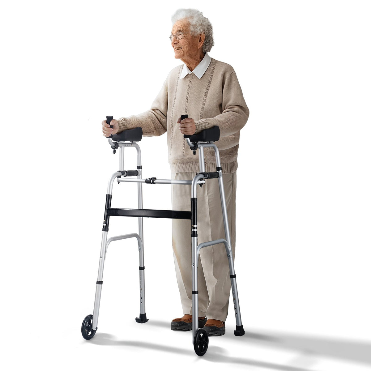 Foldable Ferrucci Comfort forearm walker with adjustable aluminum frame, arm supports, and 8 height settings for stability.