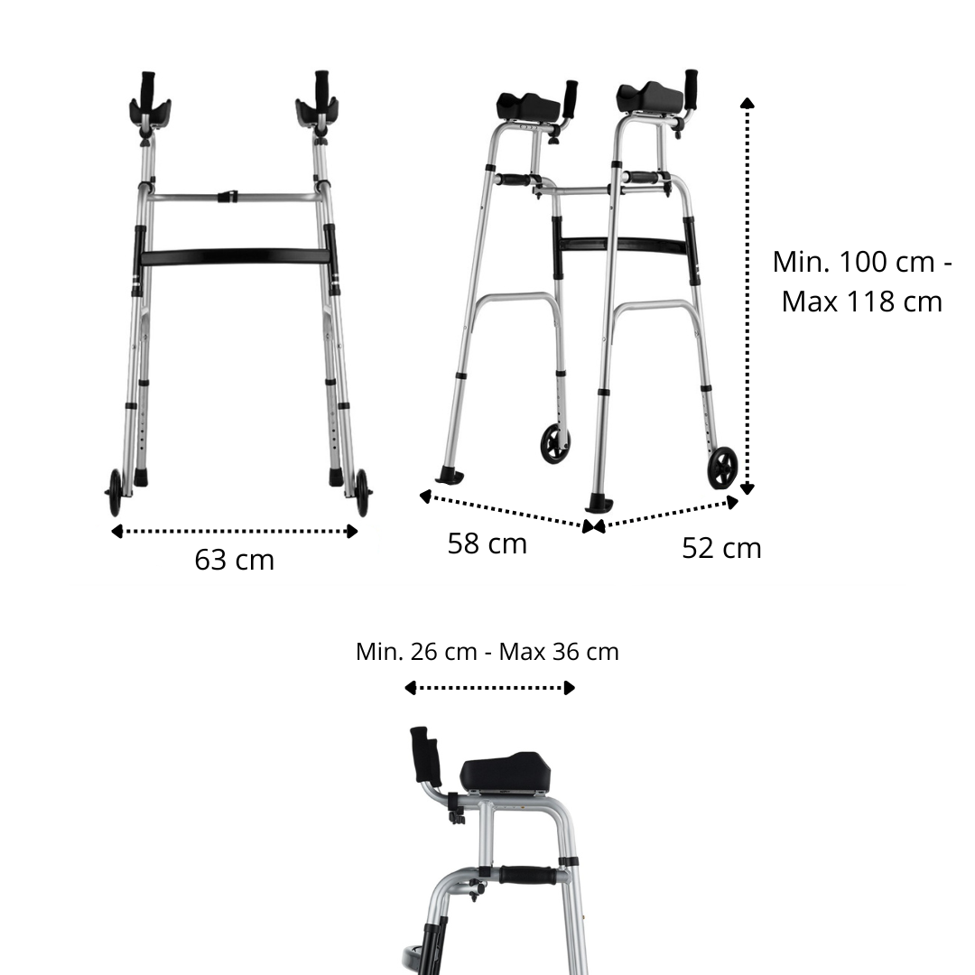 Foldable Ferrucci Comfort forearm walker with adjustable aluminum frame, arm supports, and 8 height settings for stability and support