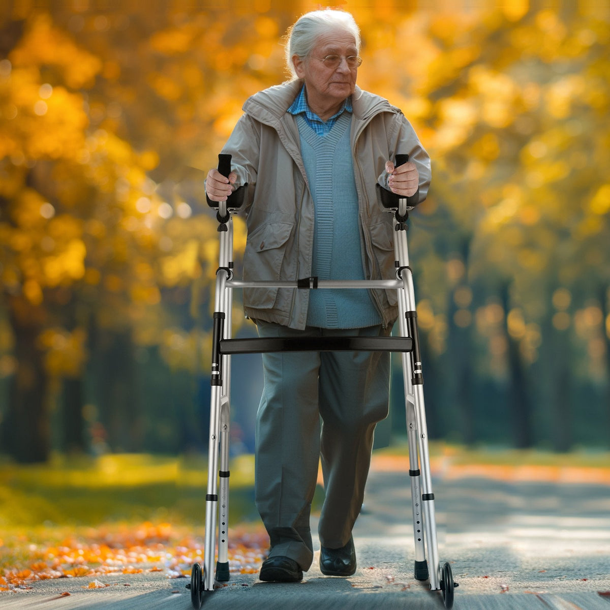 Foldable Forearm Walker by Ferrucci Comfort, adjustable aluminum rollator with arm supports and 8 height settings, shown folded.