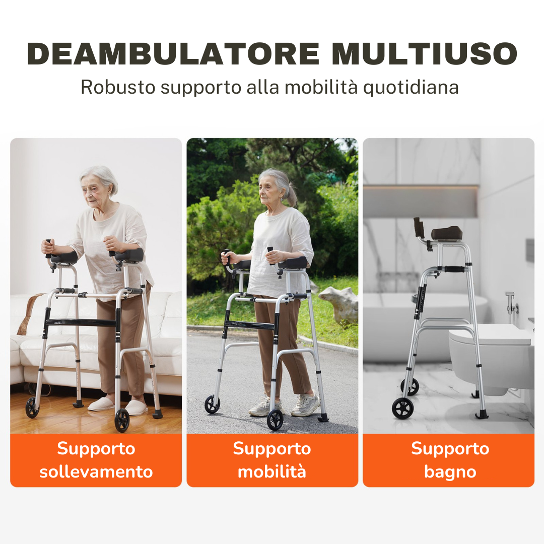 Ferrucci Comfort foldable forearm walker with adjustable aluminum frame, arm supports, and 8 height settings for mobility assistance.