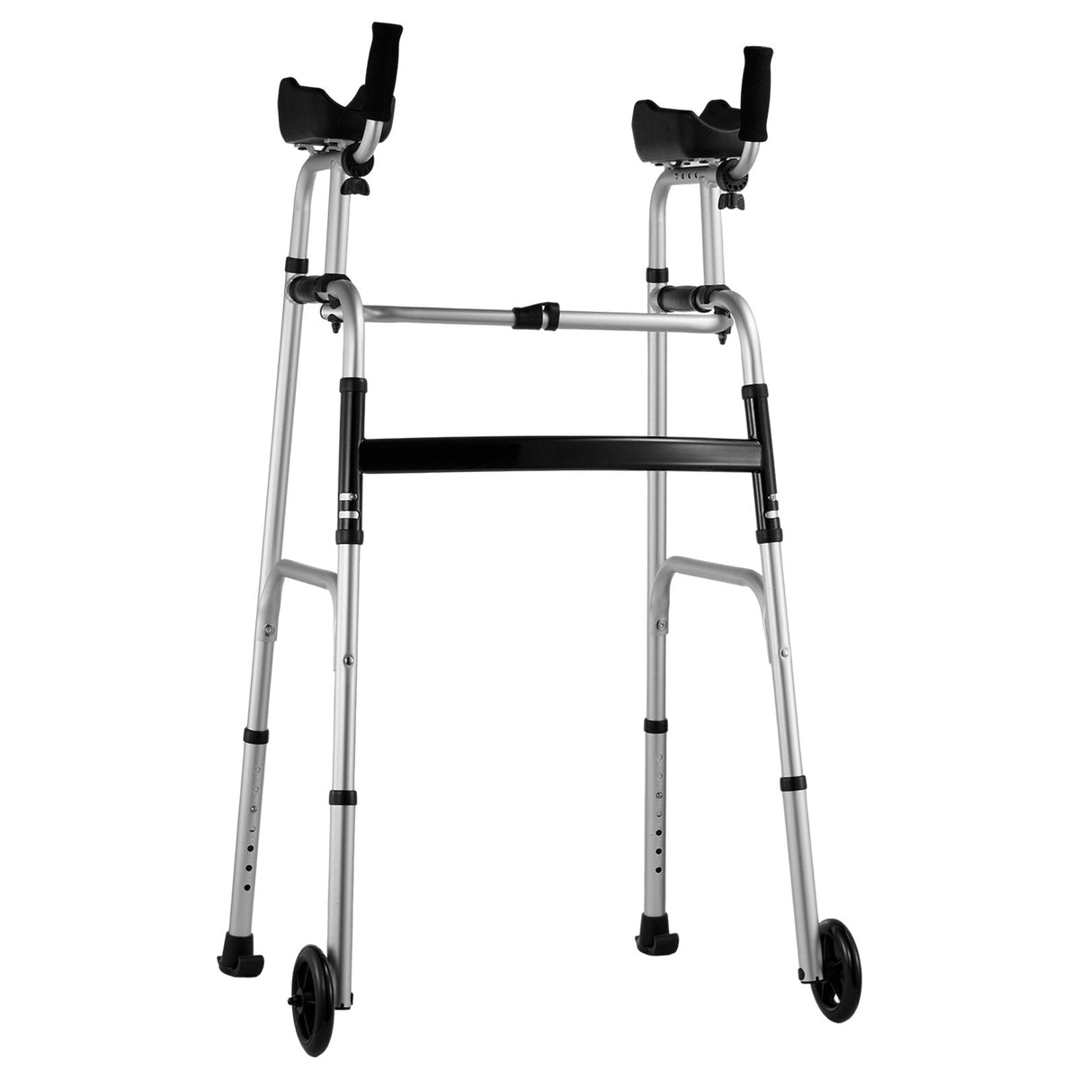 Foldable Ferrucci Comfort forearm walker with adjustable aluminum frame, arm supports, and 8 height settings for mobility aid.