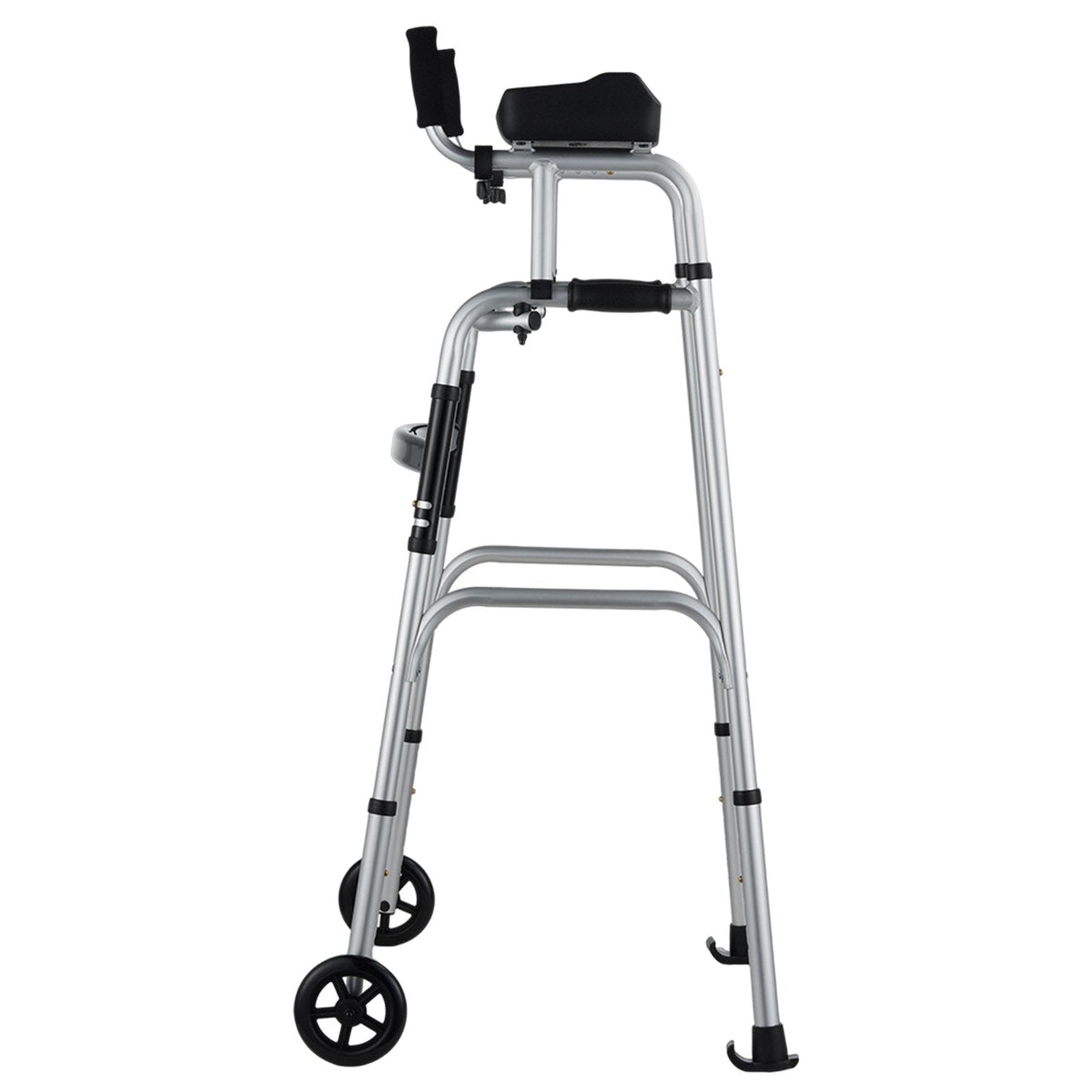 Foldable Ferrucci Comfort forearm walker with adjustable aluminum frame, arm supports, and 8 height settings for mobility aid.