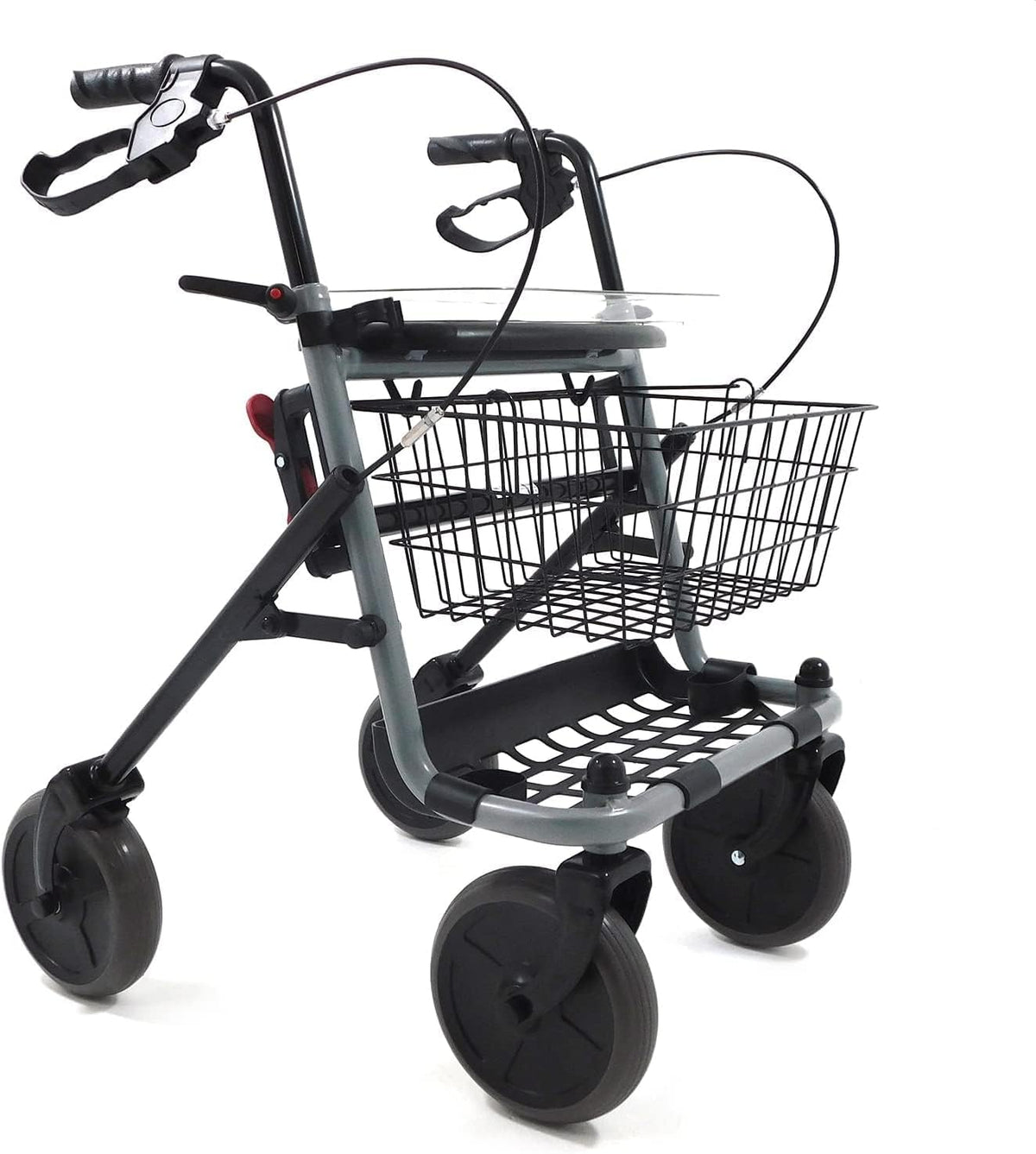 Foldable Ferrucci Comfort Rollator Walker with brakes, seat, baskets, tray, adjustable height, and four wheels for indoor and outdoor use.